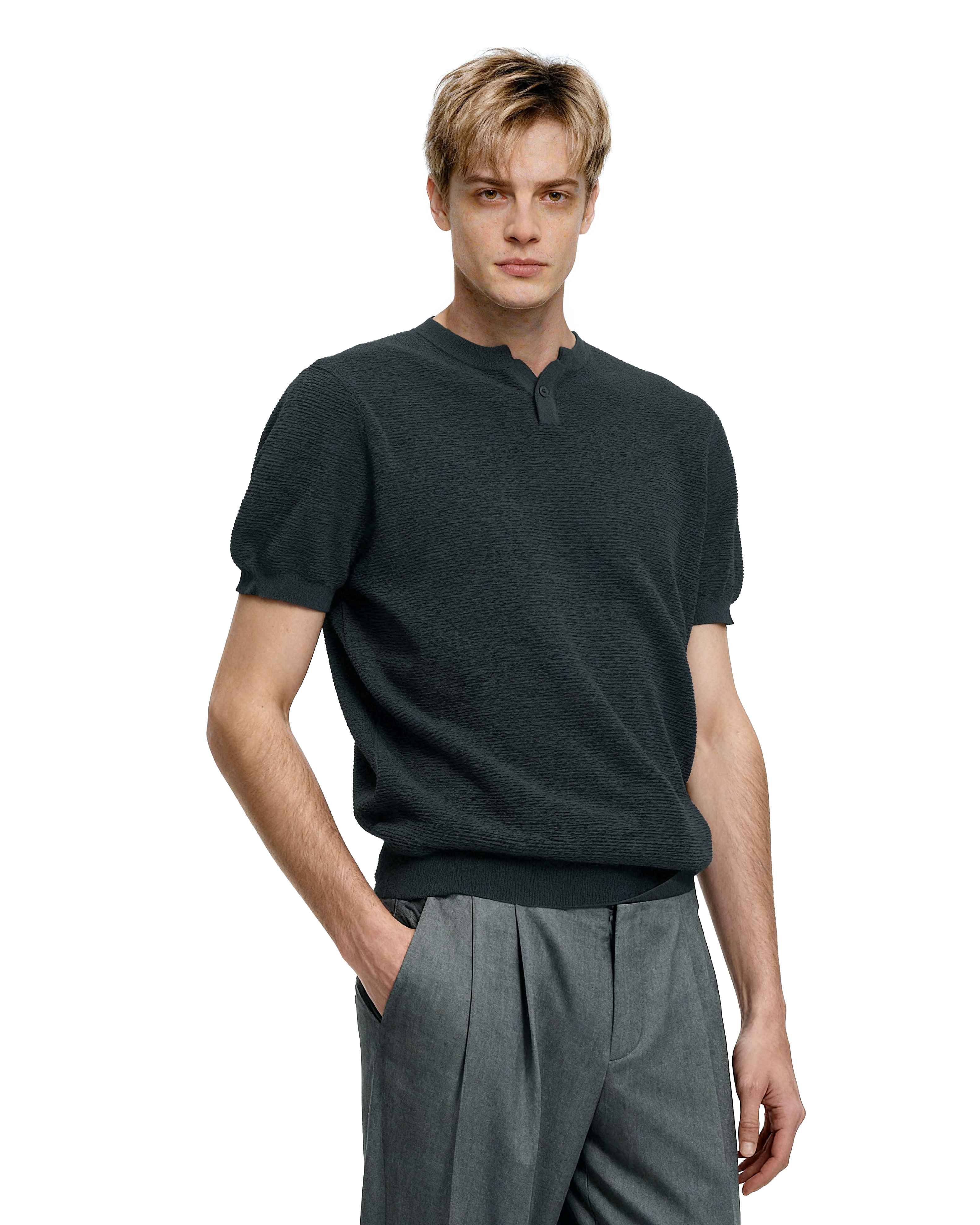Waffle Textured Short Sleeve Henley Knit Lightweight Top