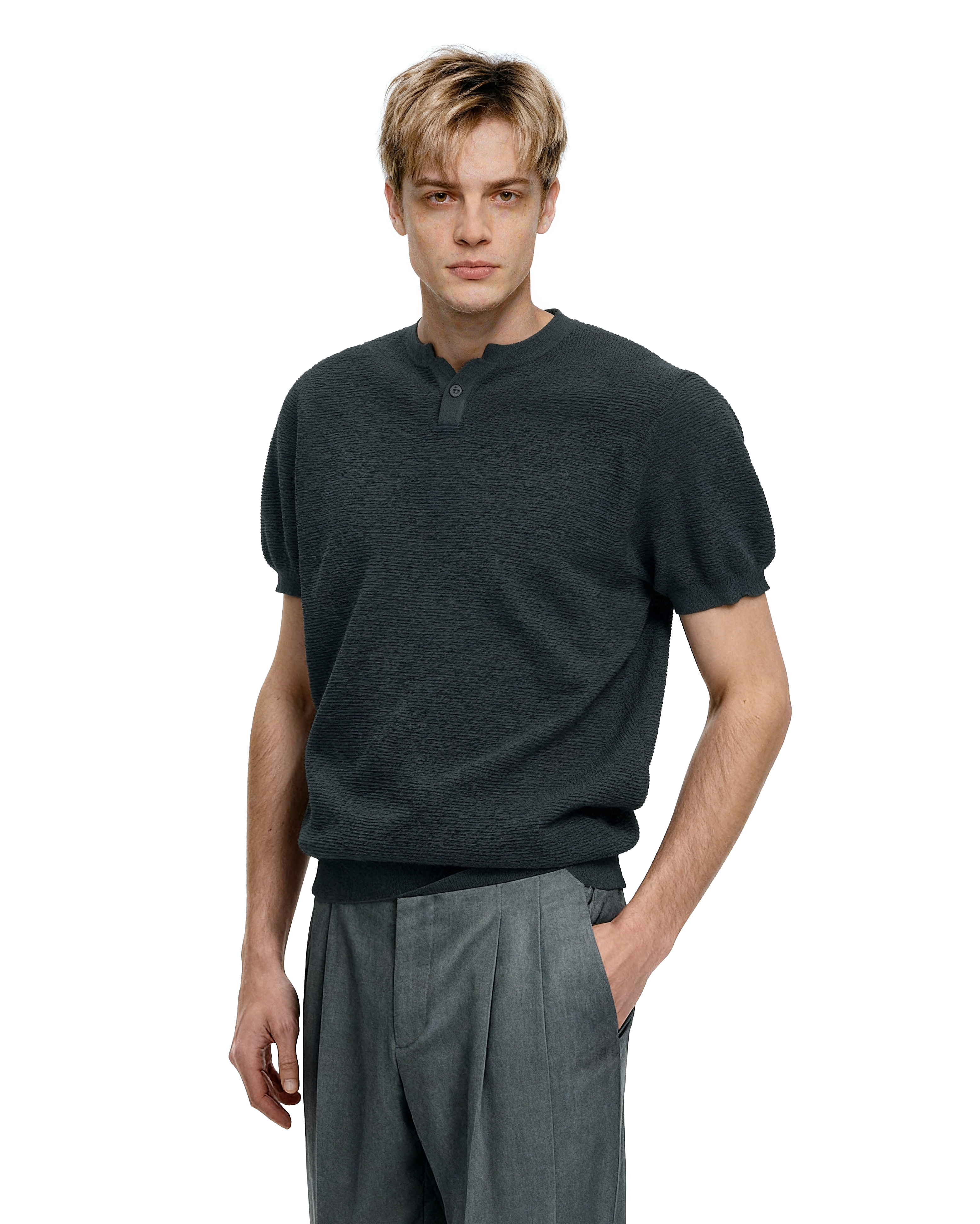 Waffle Textured Short Sleeve Henley Knit Lightweight Top