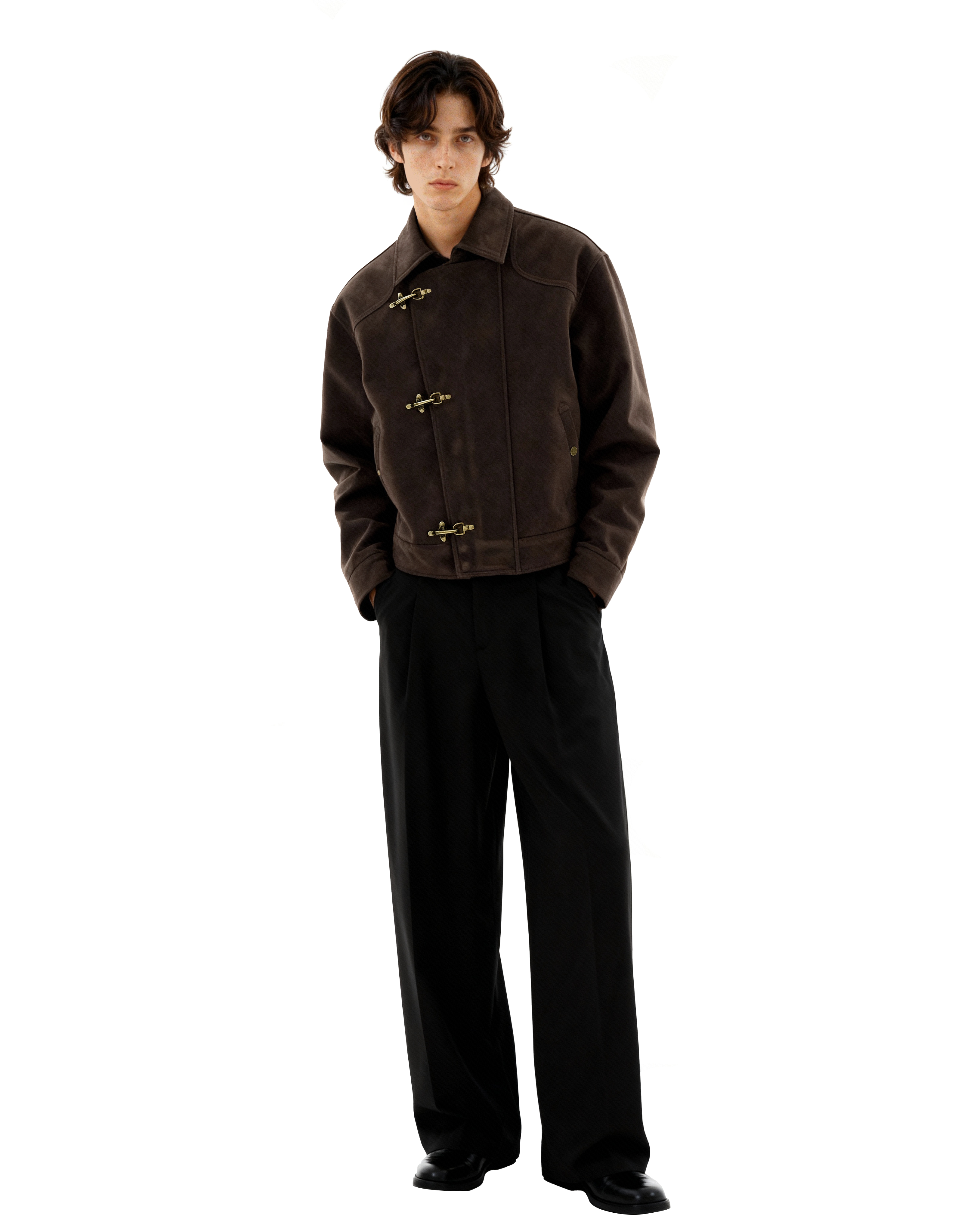 Asymmetric Fireman Buckle Mid Crop Suede Jacket