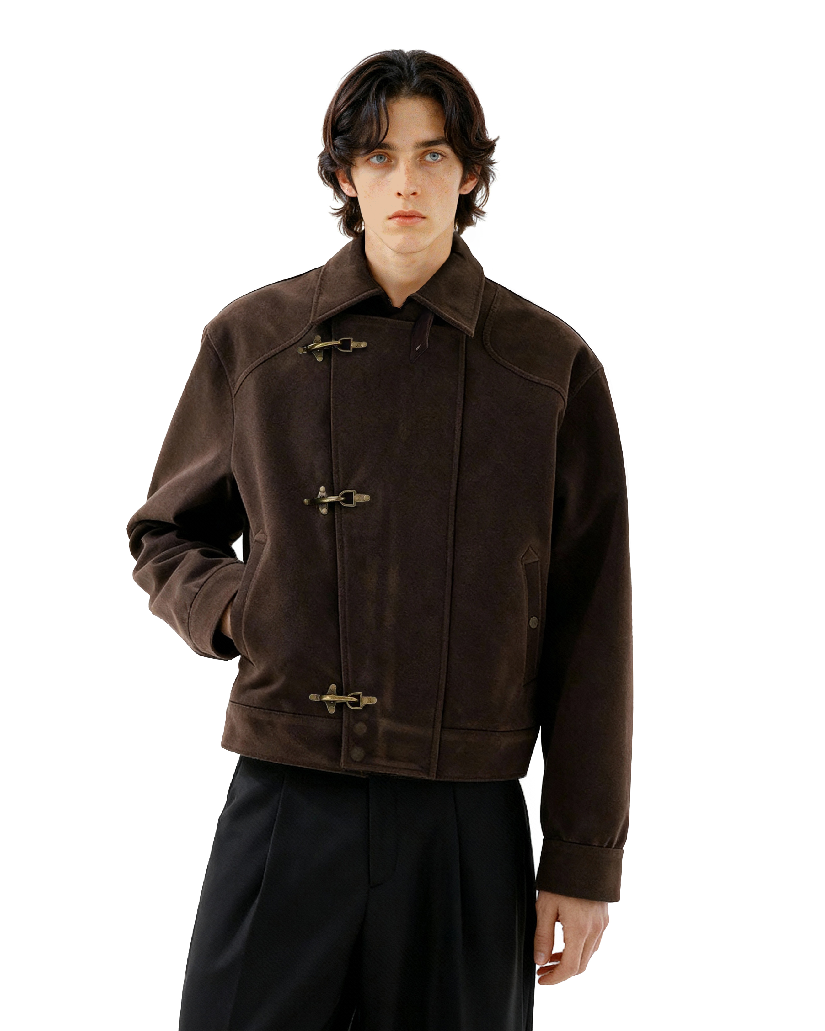 Asymmetric Fireman Buckle Mid Crop Suede Jacket