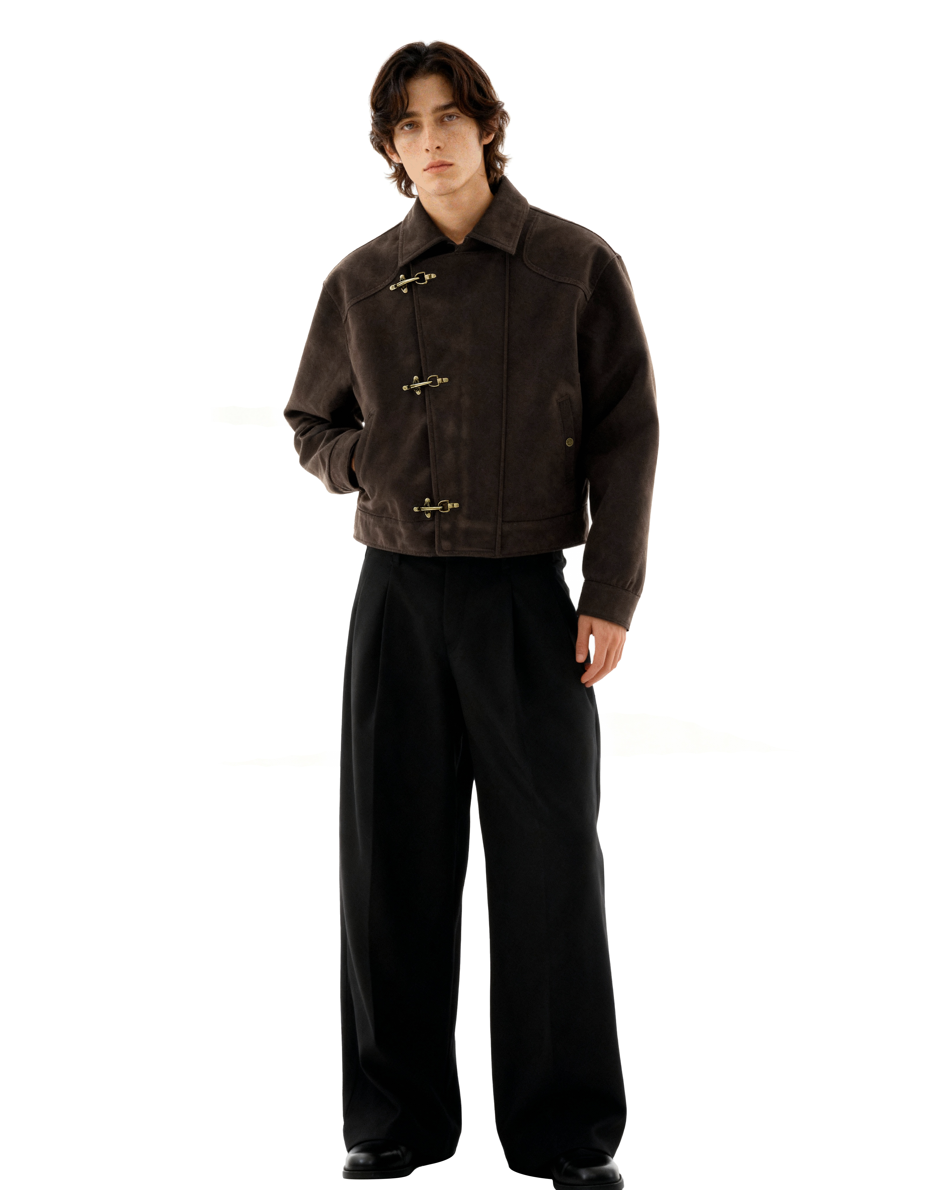 Asymmetric Fireman Buckle Mid Crop Suede Jacket