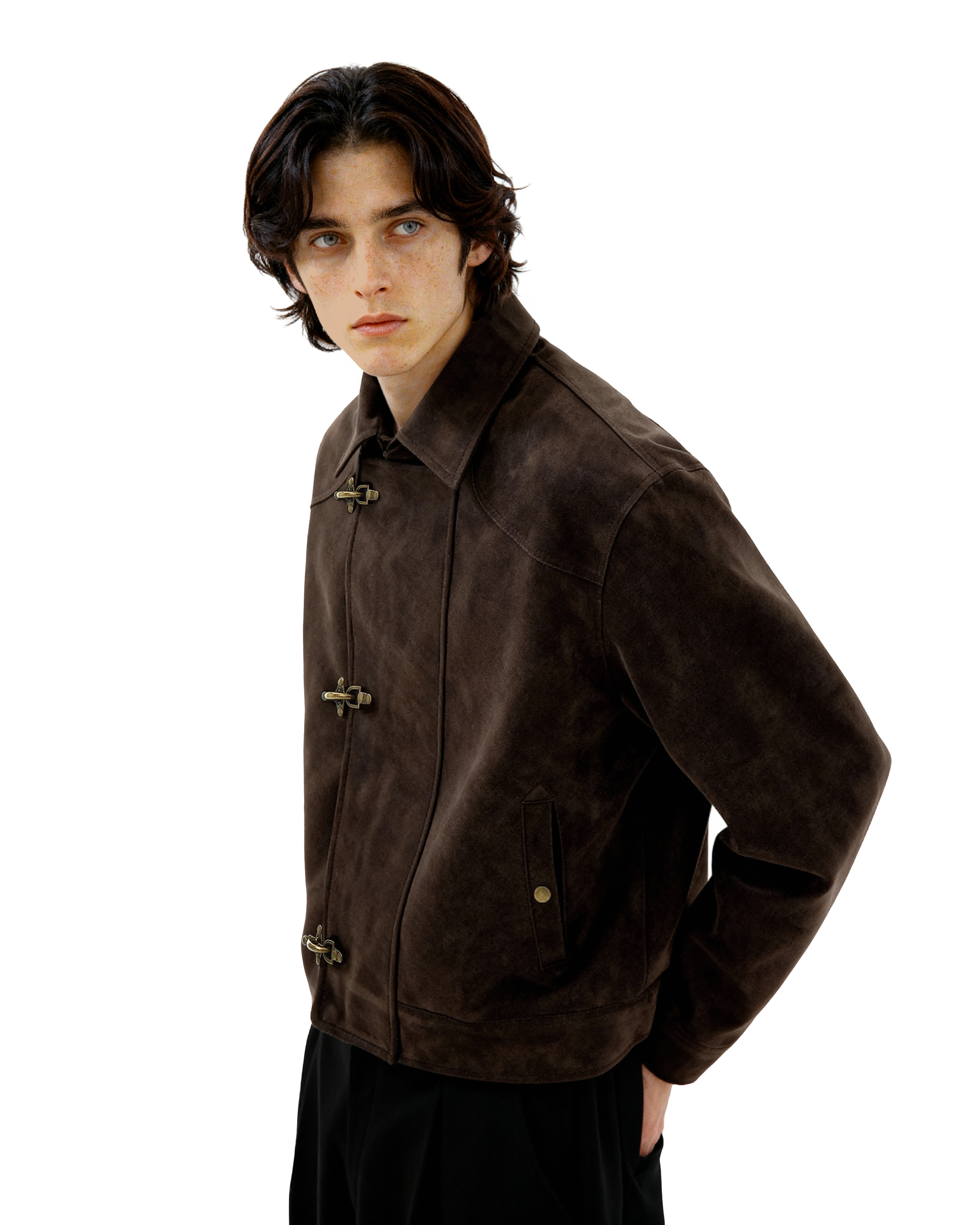 Asymmetric Fireman Buckle Mid Crop Suede Jacket