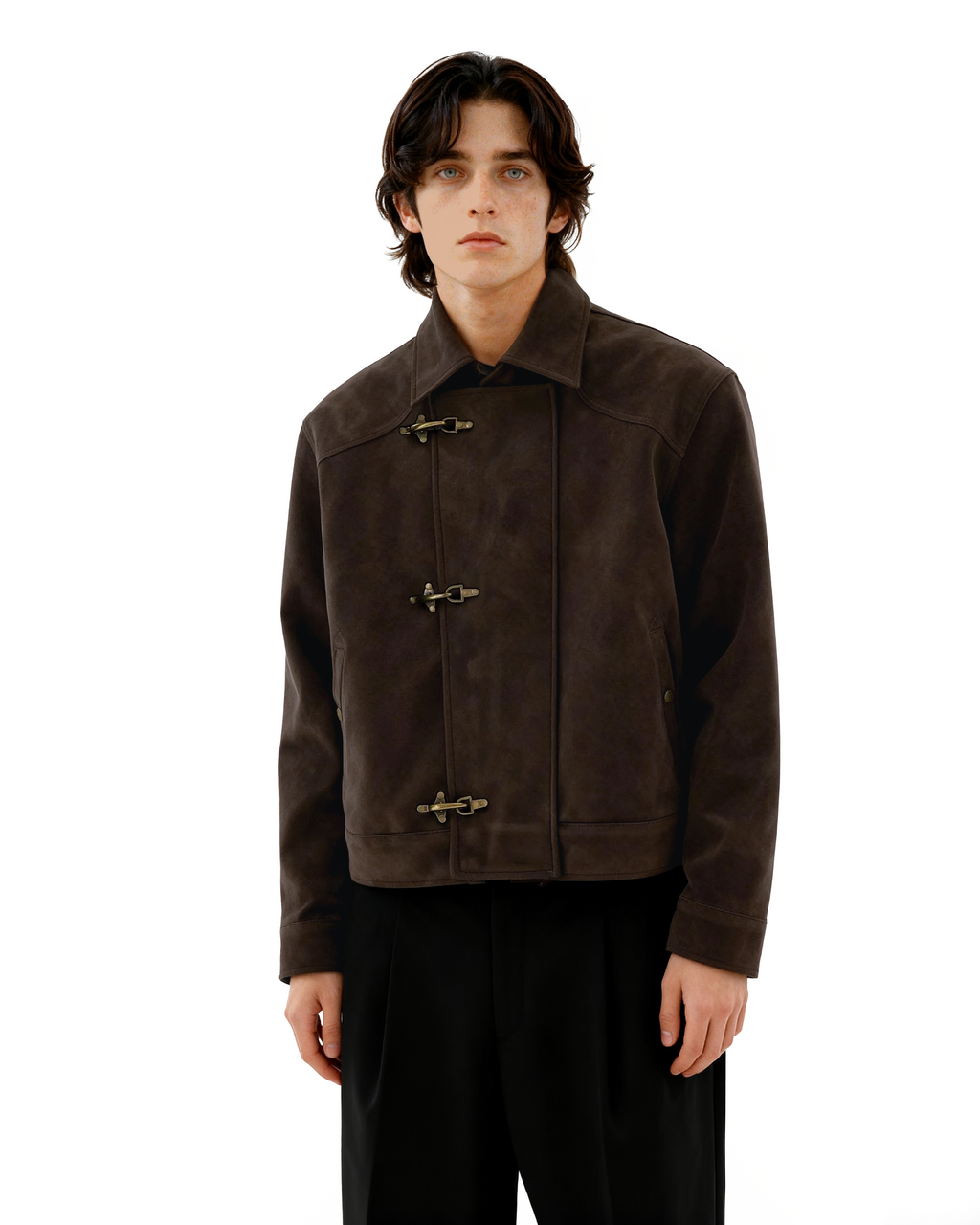 Asymmetric Fireman Buckle Mid Crop Suede Jacket