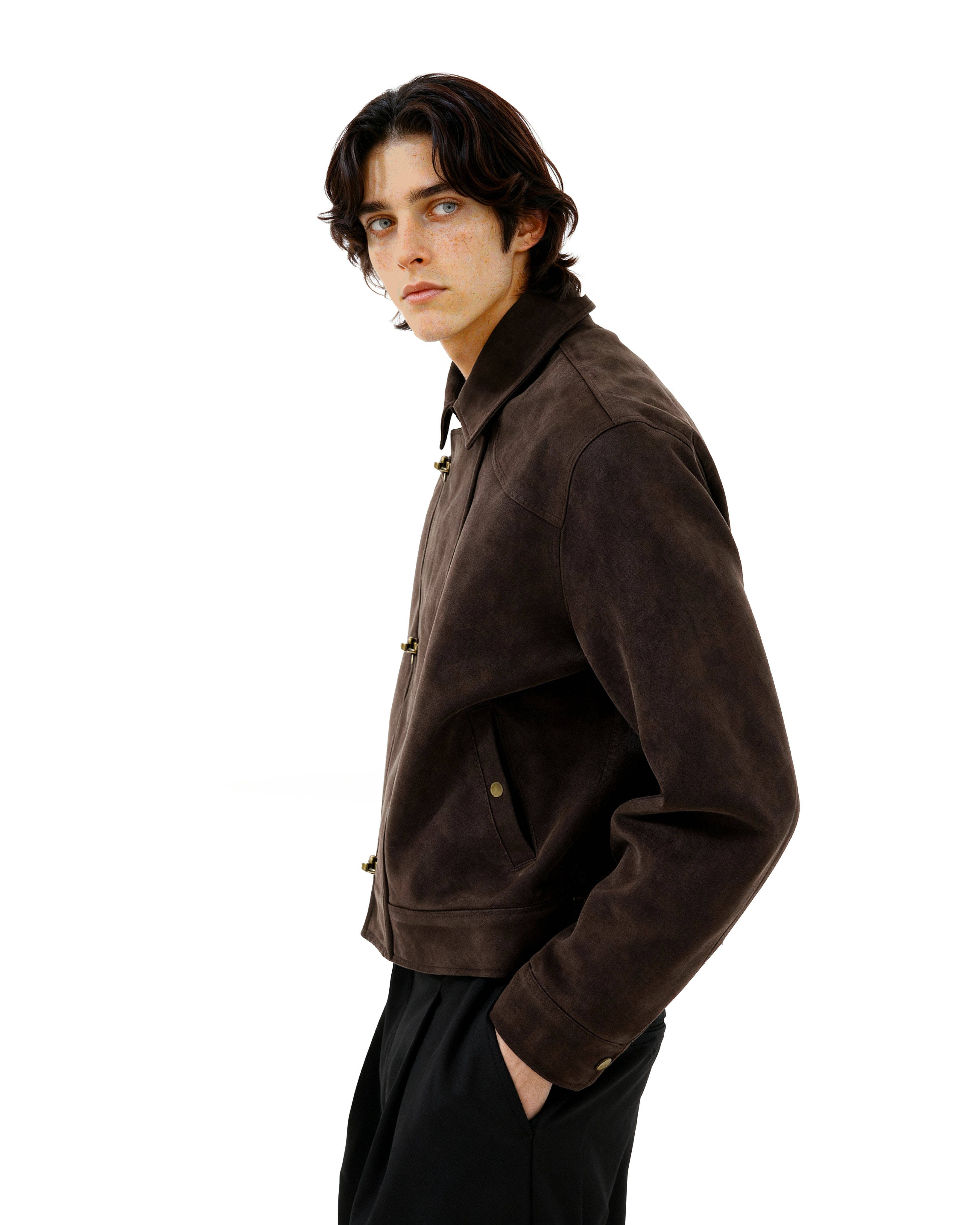 Asymmetric Fireman Buckle Mid Crop Suede Jacket