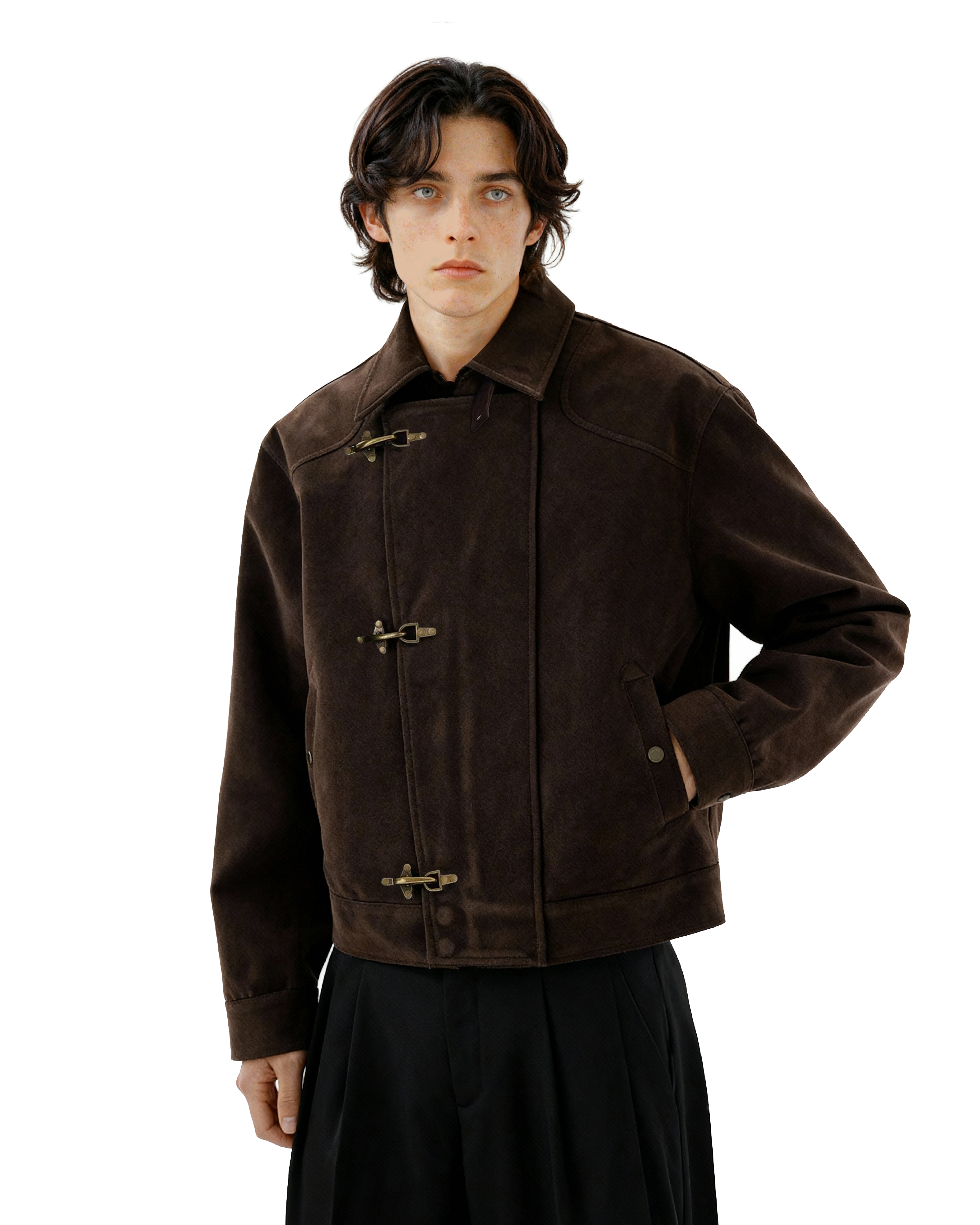 Asymmetric Fireman Buckle Mid Crop Suede Jacket