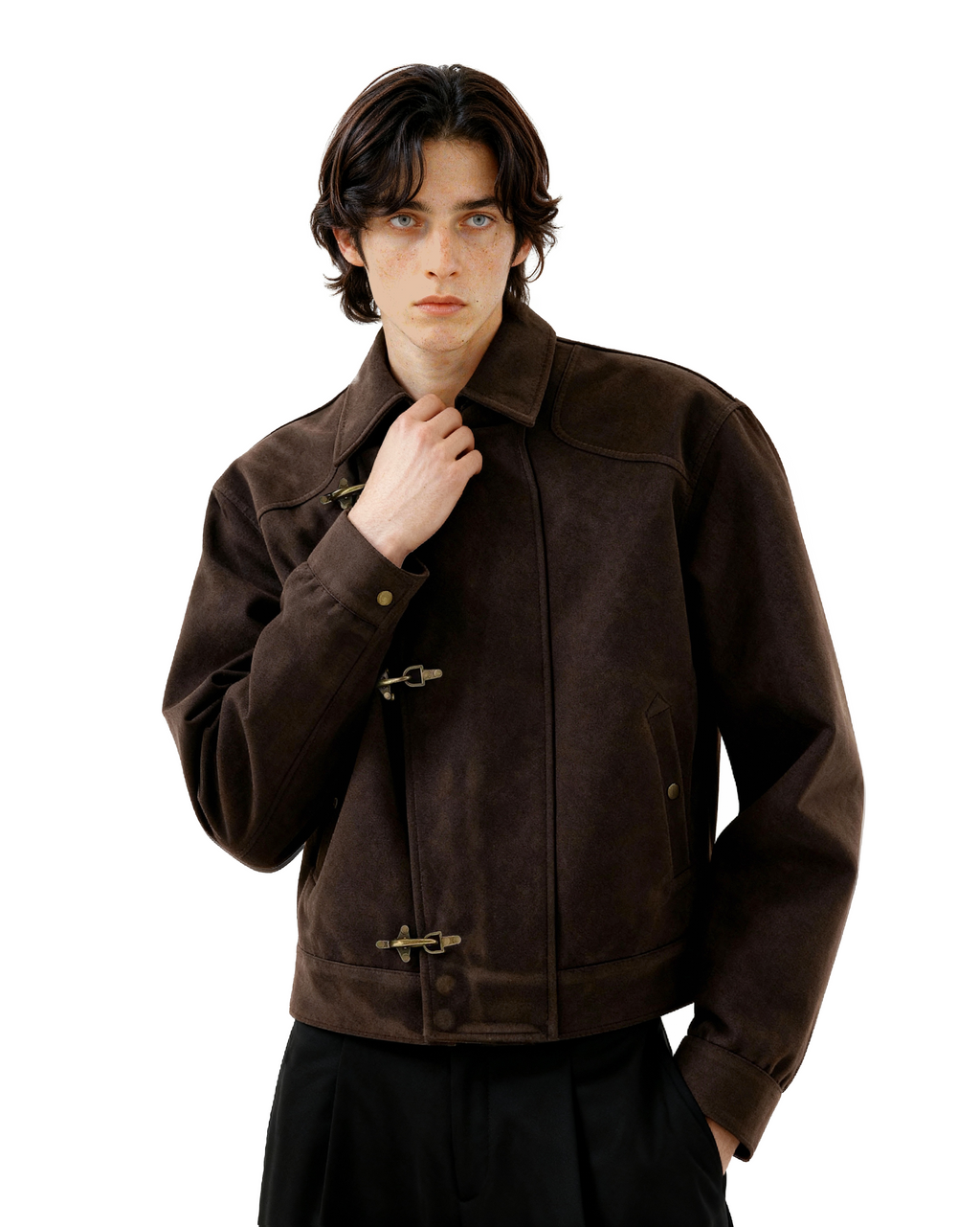 Asymmetric Fireman Buckle Mid Crop Suede Jacket