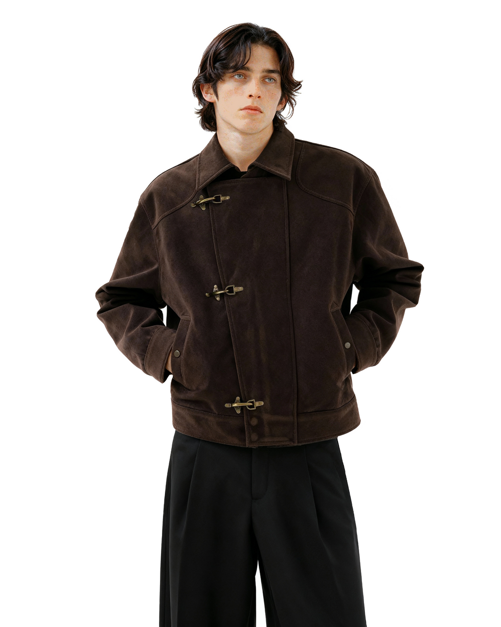 Asymmetric Fireman Buckle Mid Crop Suede Jacket