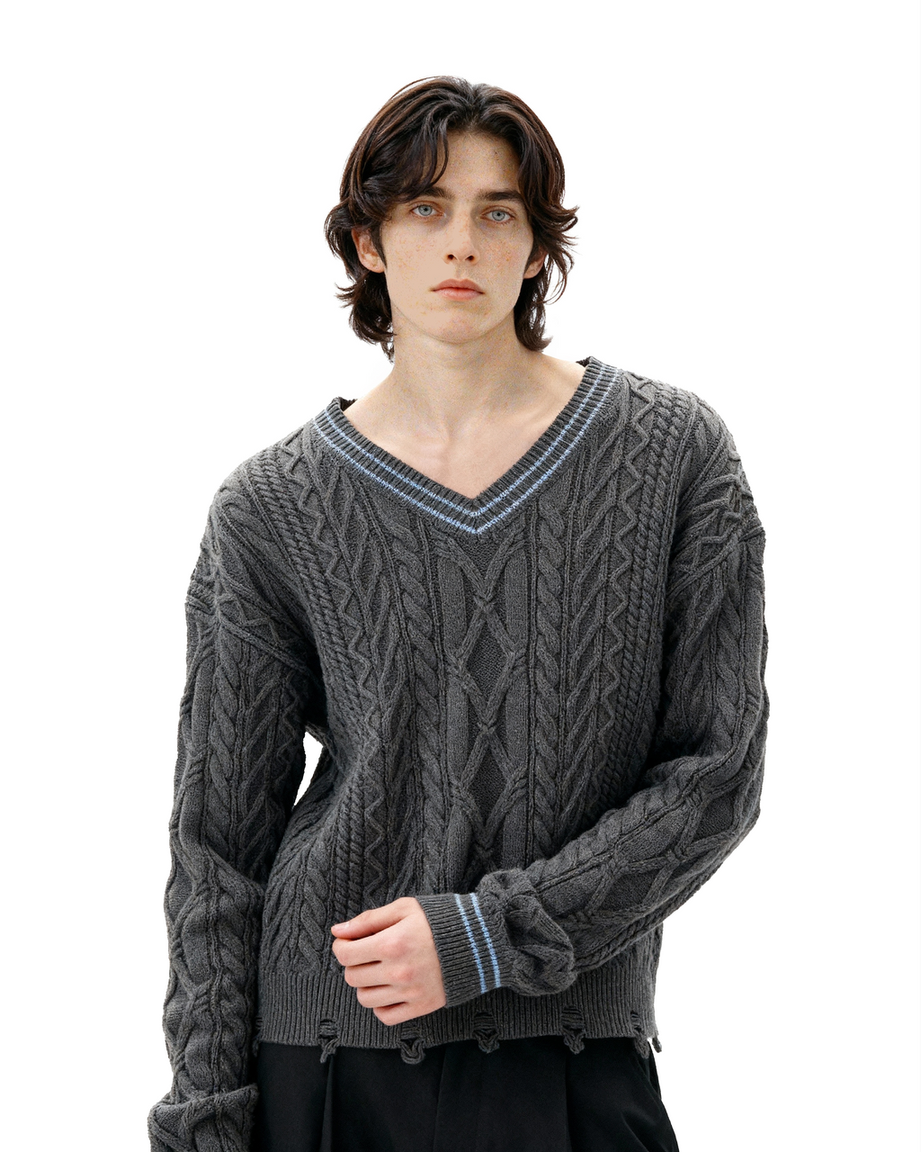 Contrast Distressed Trim Cropped Cable Knit Sweater