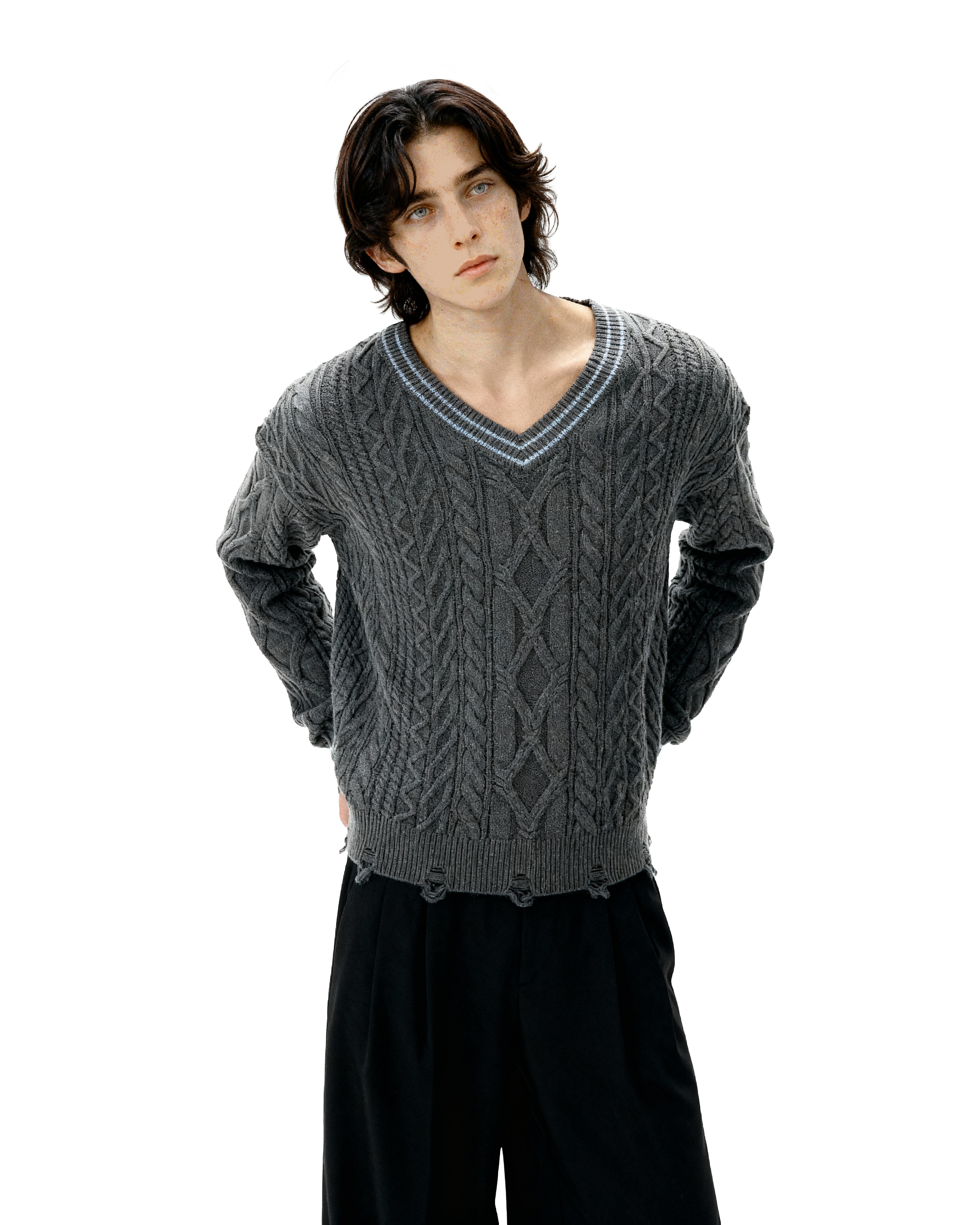 Contrast Distressed Trim Cropped Cable Knit Sweater