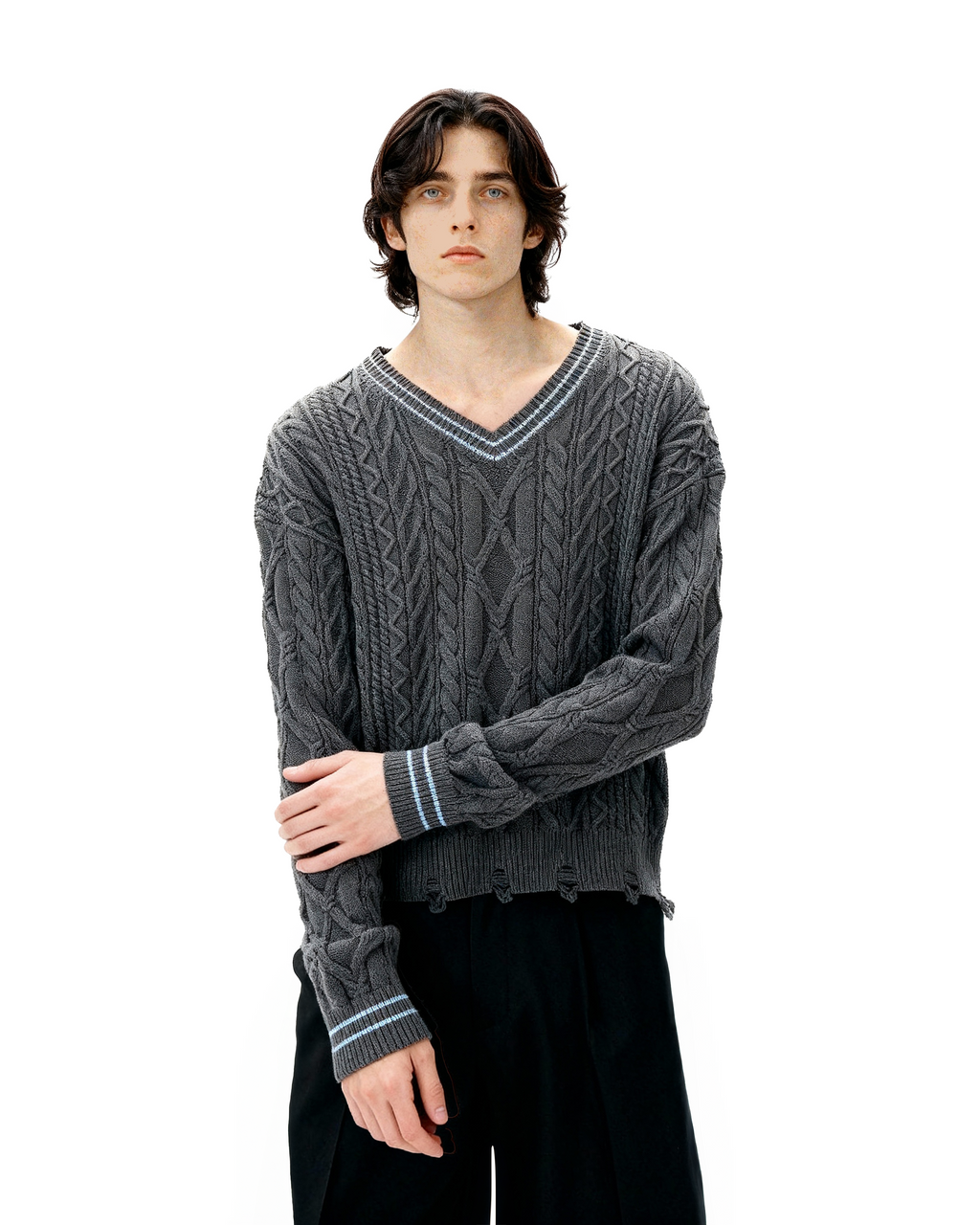 Contrast Distressed Trim Cropped Cable Knit Sweater