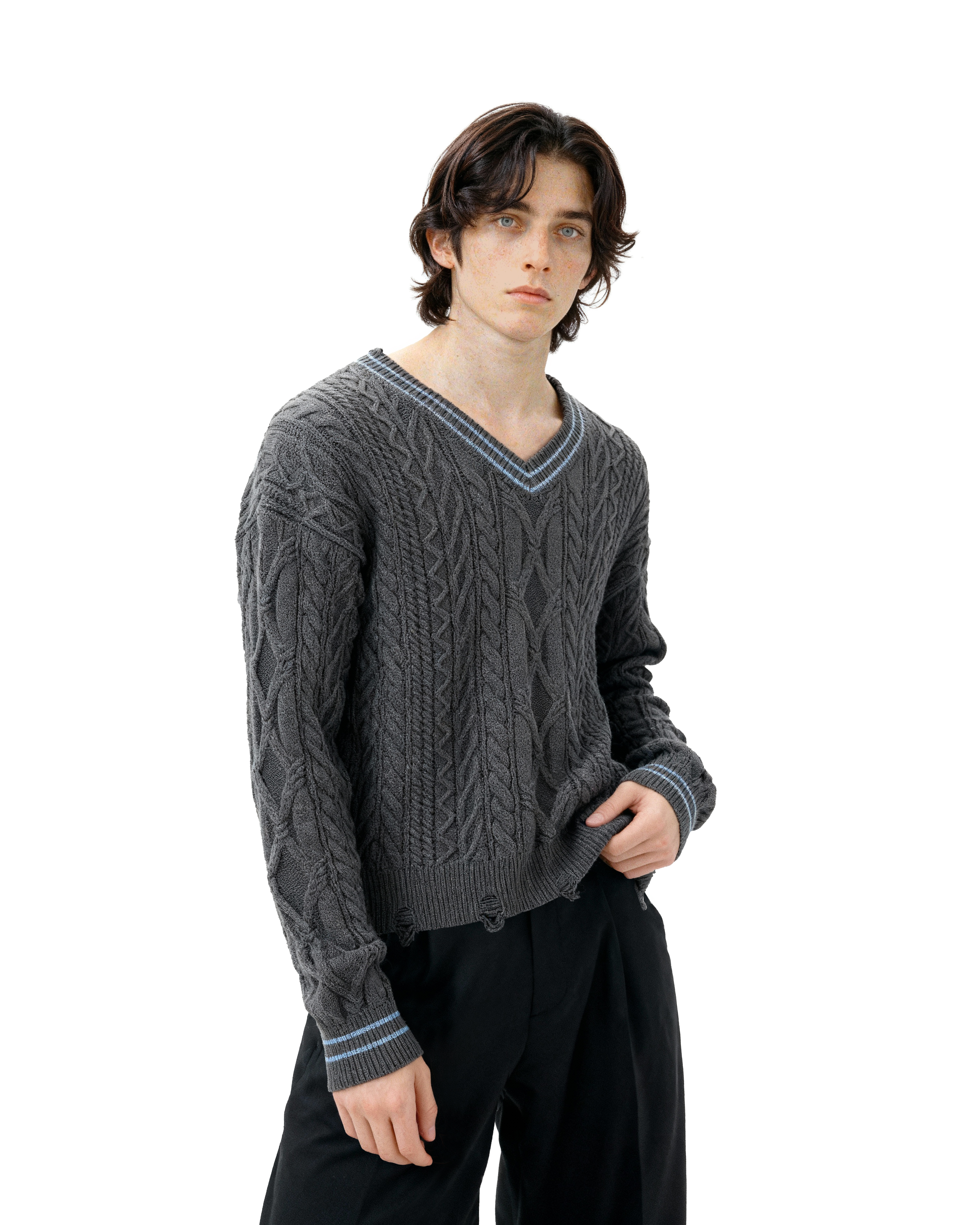 Contrast Distressed Trim Cropped Cable Knit Sweater