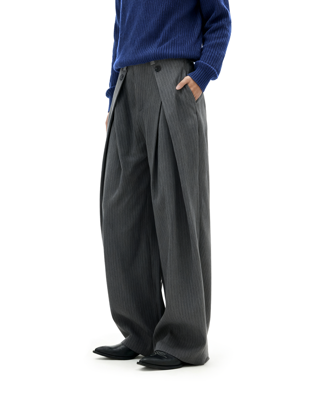 Wide Leg Pinstripe Draped Double-Pleated Trousers