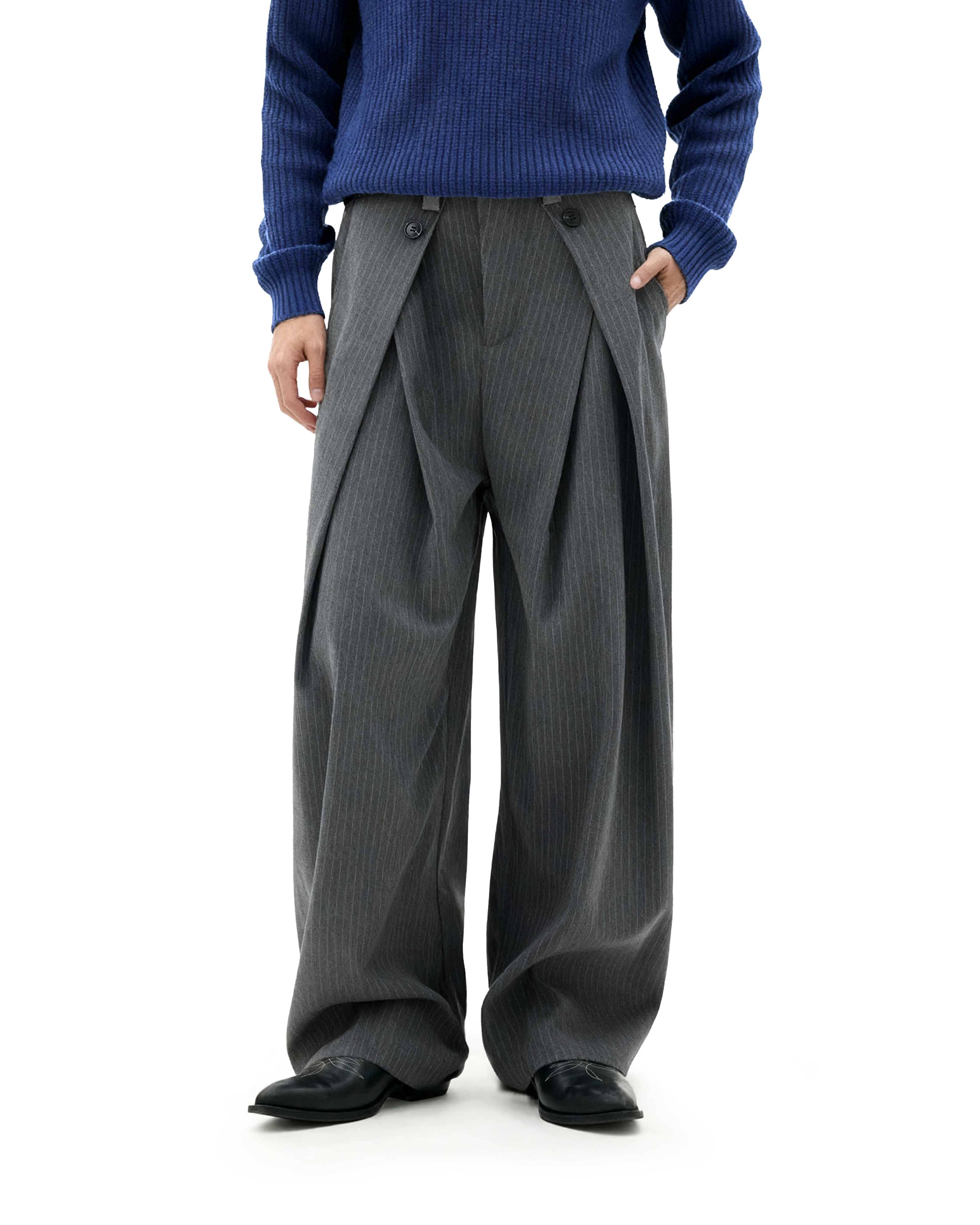 Wide Leg Pinstripe Draped Double-Pleated Trousers