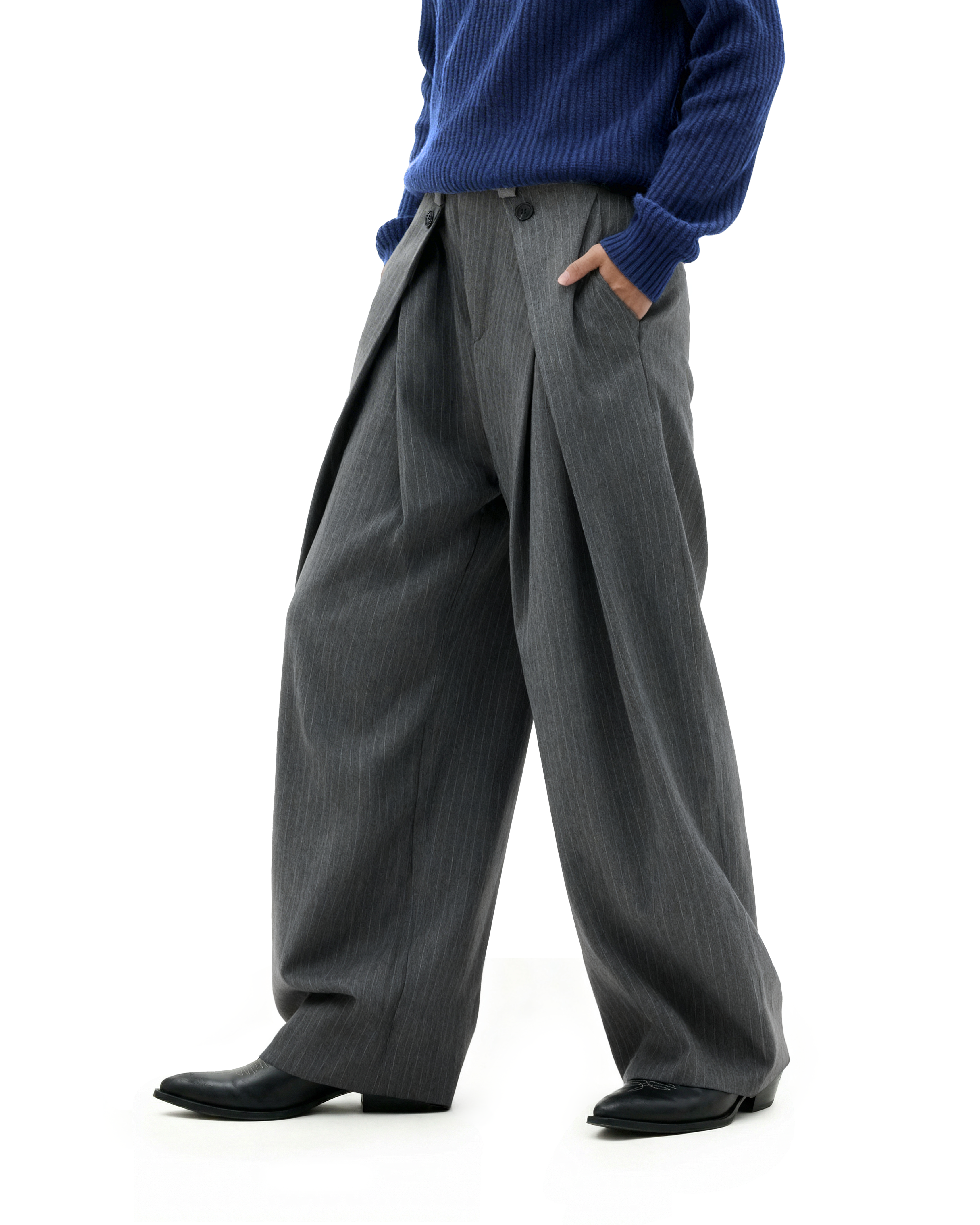 Wide Leg Pinstripe Draped Double-Pleated Trousers