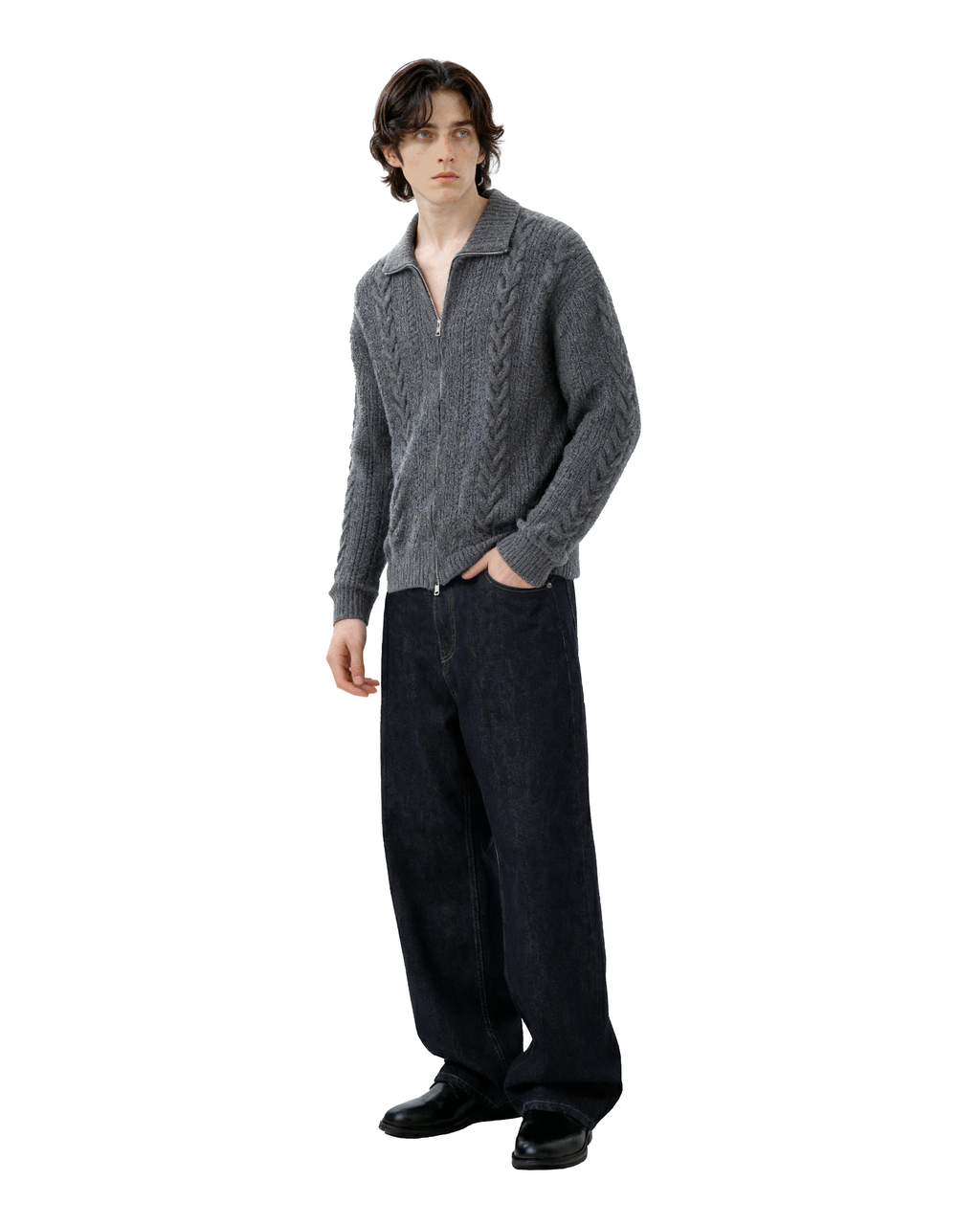 Cable-Knit Zip Ribbed Trim Cardigan