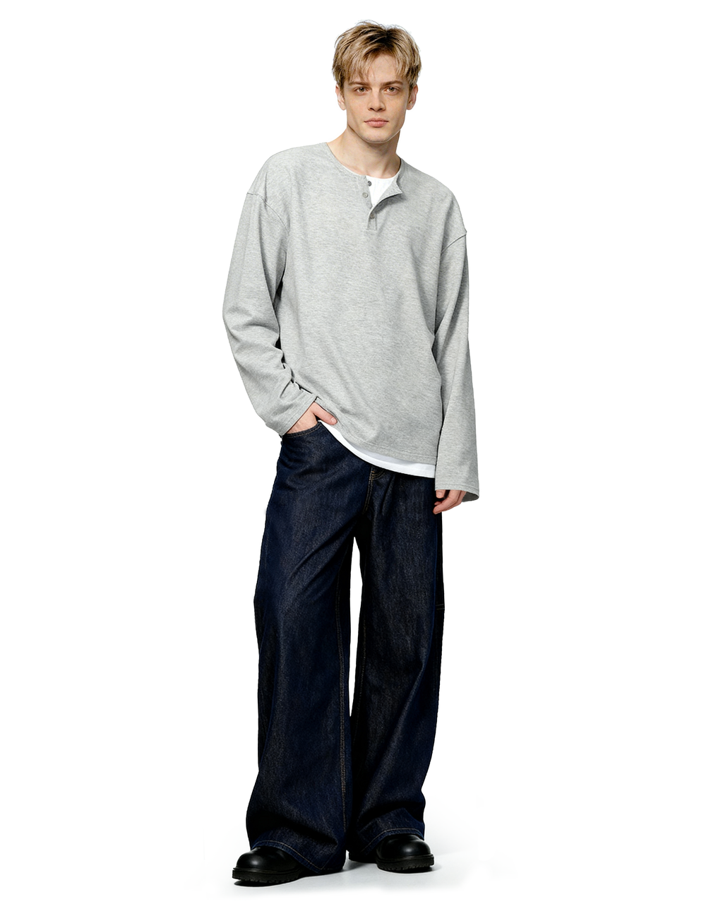 Oversized Mock-Layered Ribbed Knit Henley Top