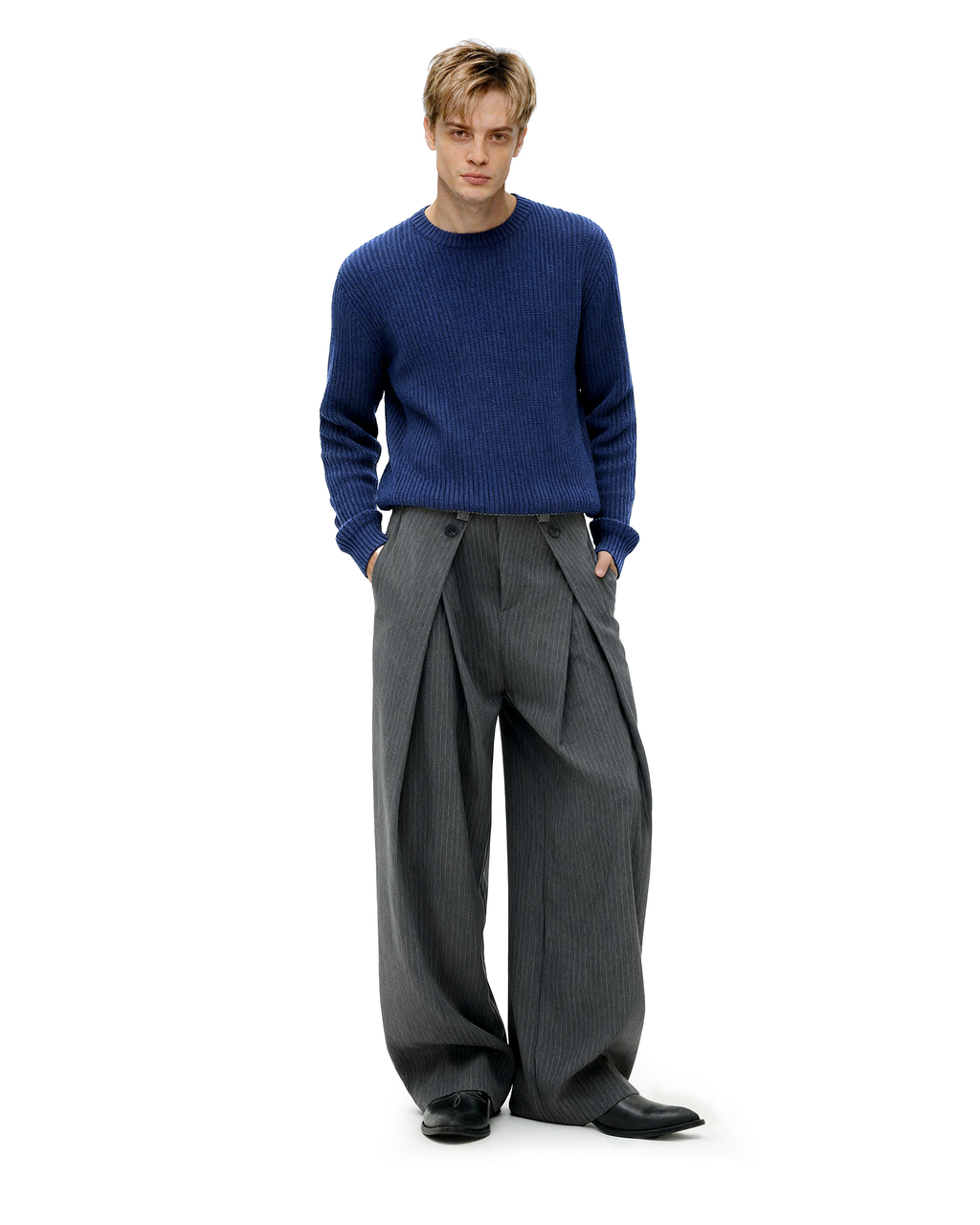 Wide Leg Pinstripe Draped Double-Pleated Trousers