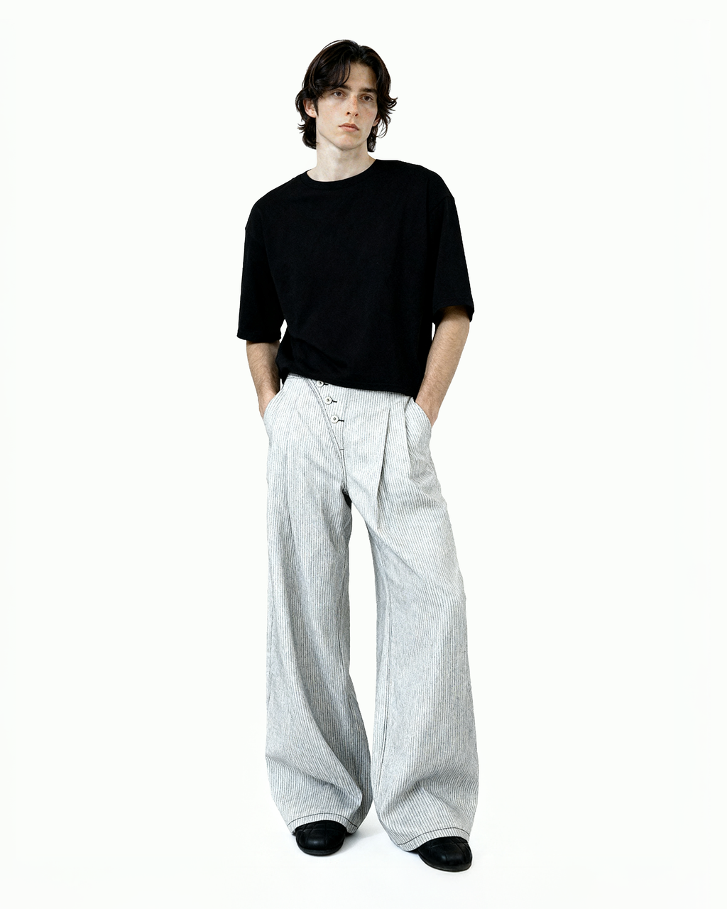 Pinstripe Pleated Wide Leg Asymmetric-Button Denim Jeans