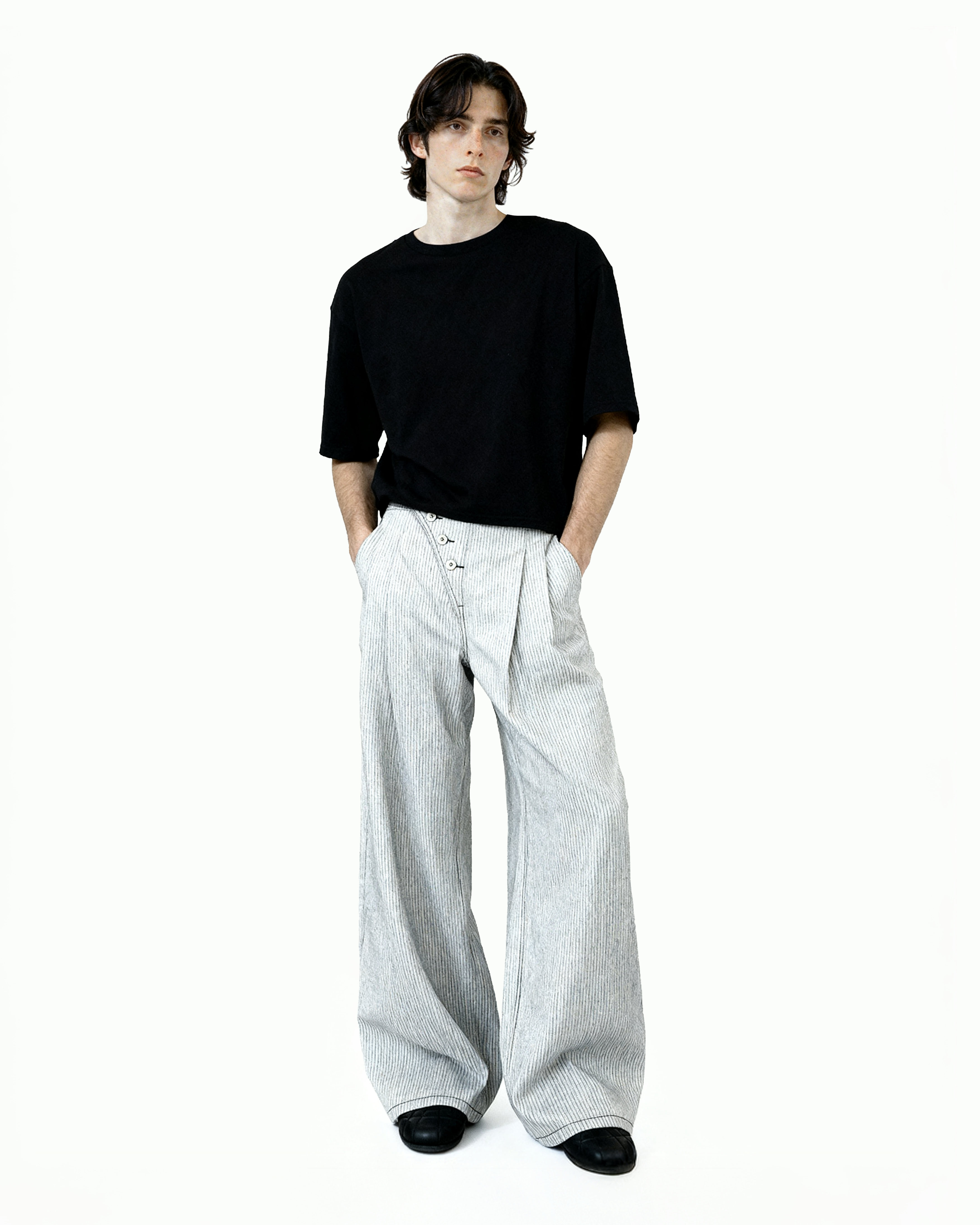 Pinstripe Pleated Wide Leg Asymmetric-Button Denim Jeans