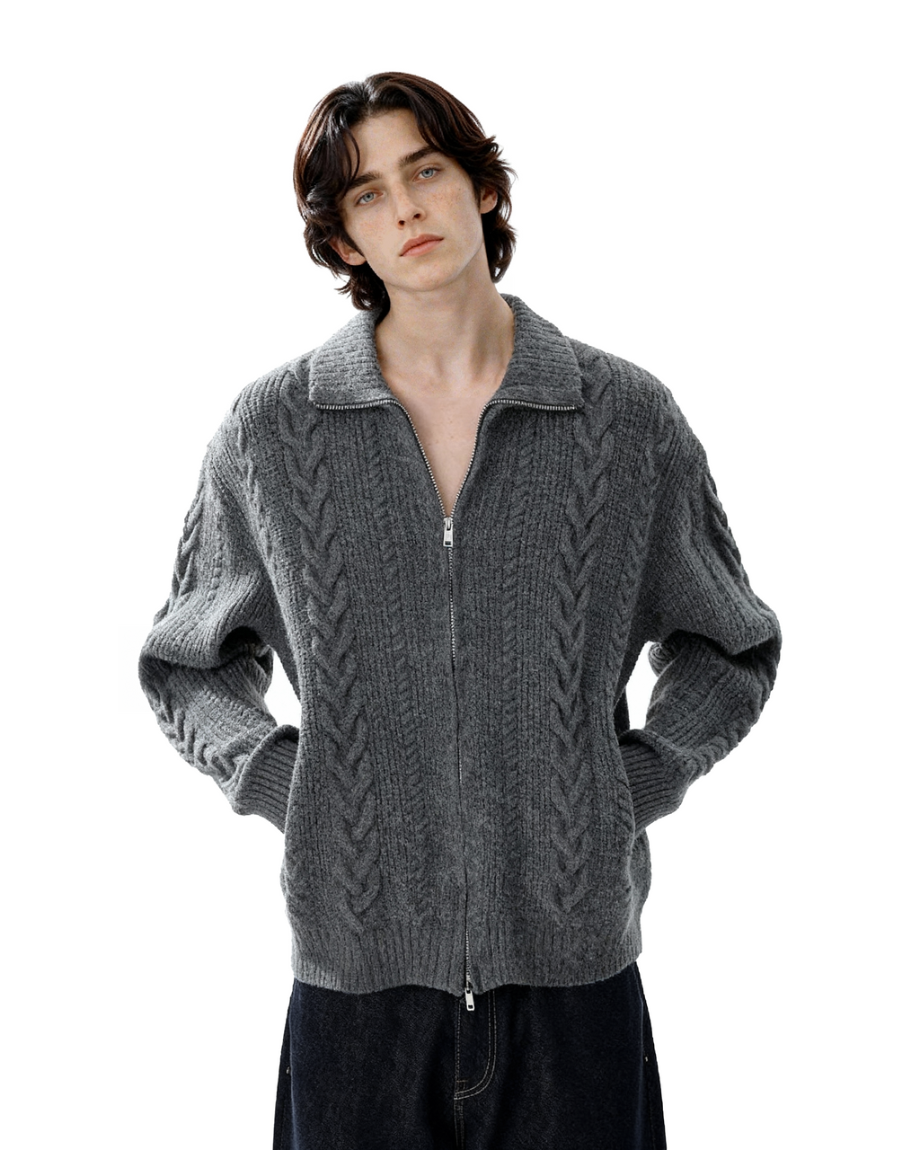 Cable-Knit Zip Ribbed Trim Cardigan
