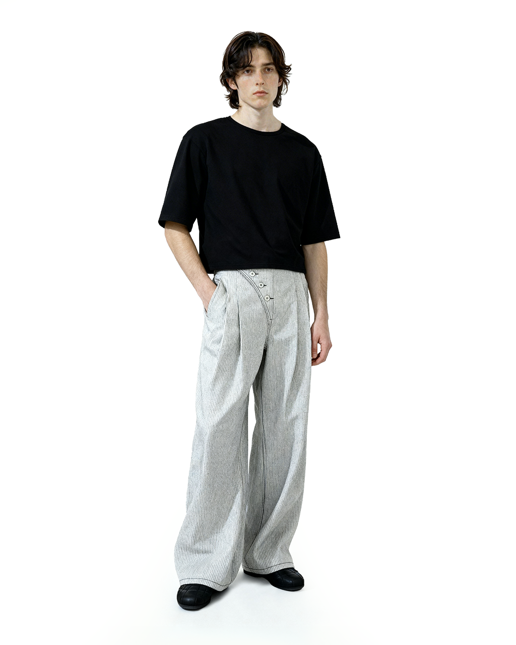 Pinstripe Pleated Wide Leg Asymmetric-Button Denim Jeans