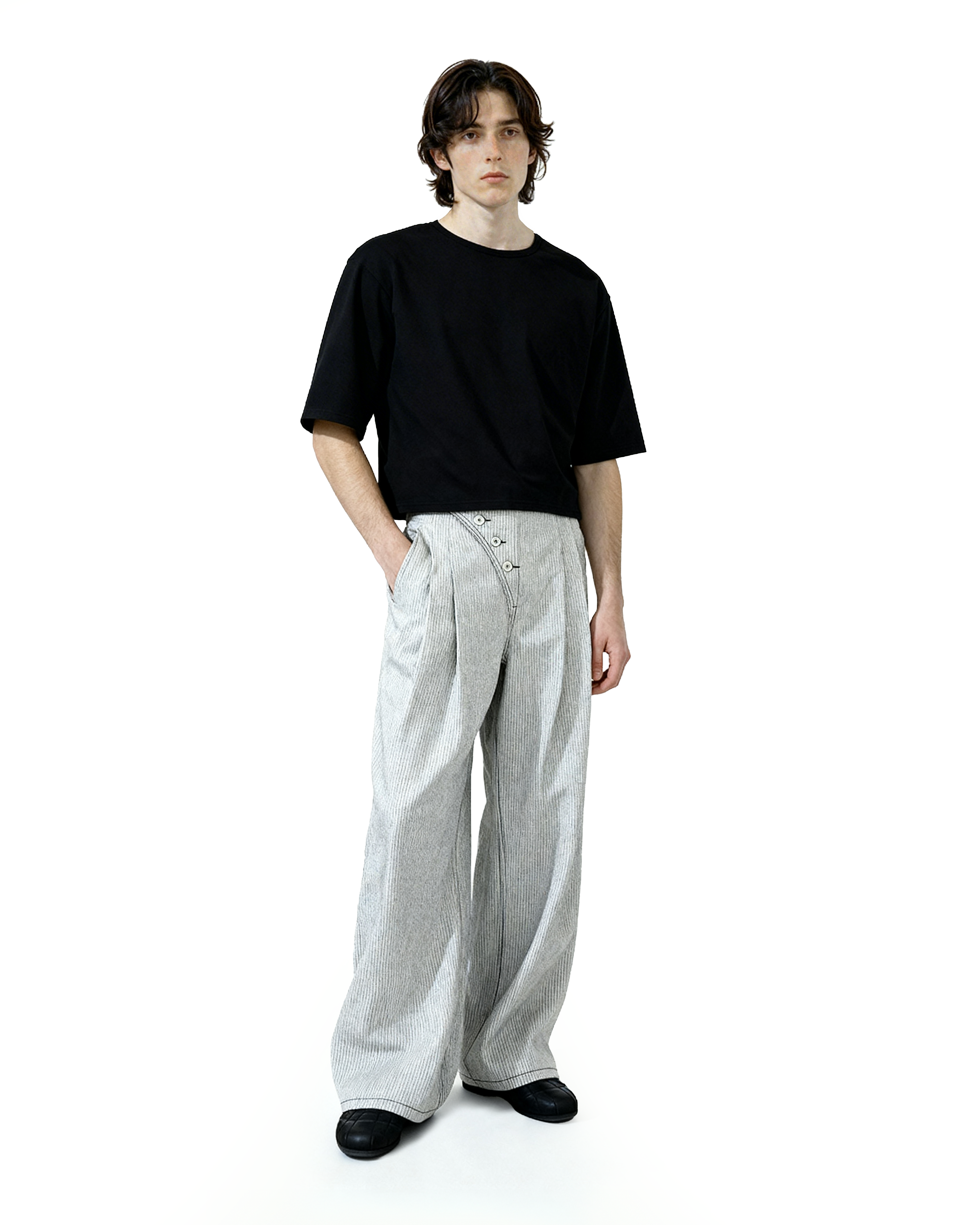 Pinstripe Pleated Wide Leg Asymmetric-Button Denim Jeans