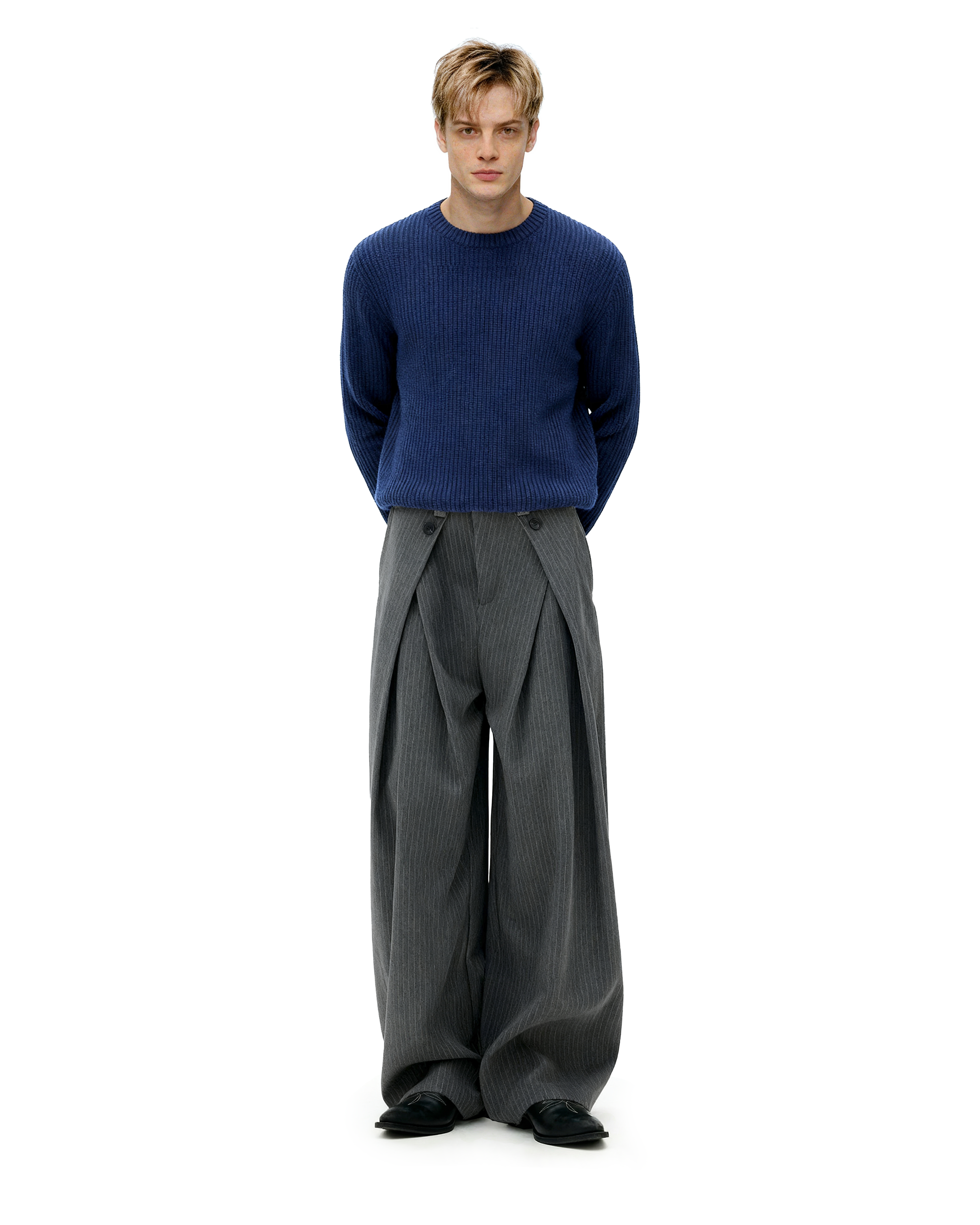 Wide Leg Pinstripe Draped Double-Pleated Trousers