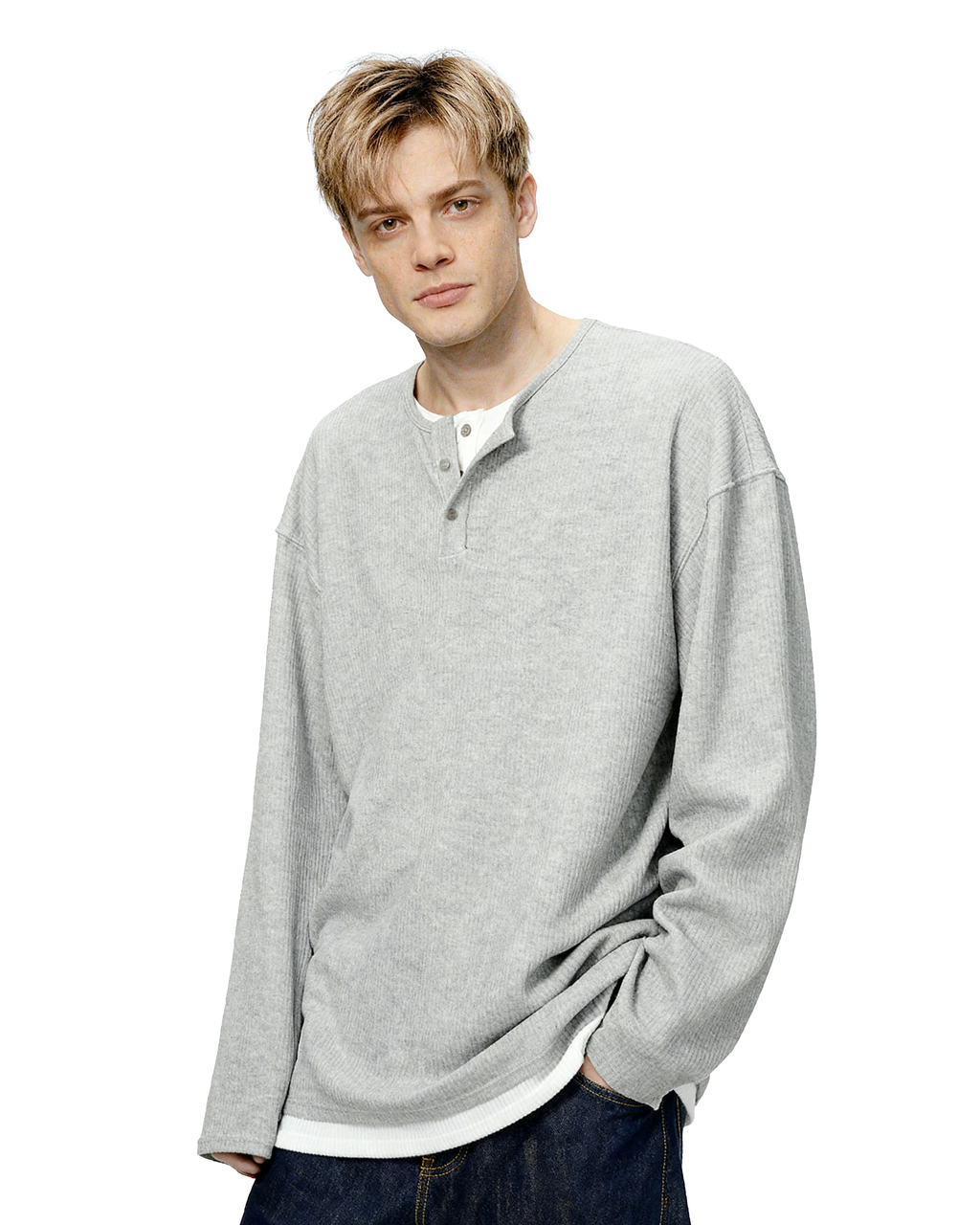 Oversized Mock-Layered Ribbed Knit Henley Top