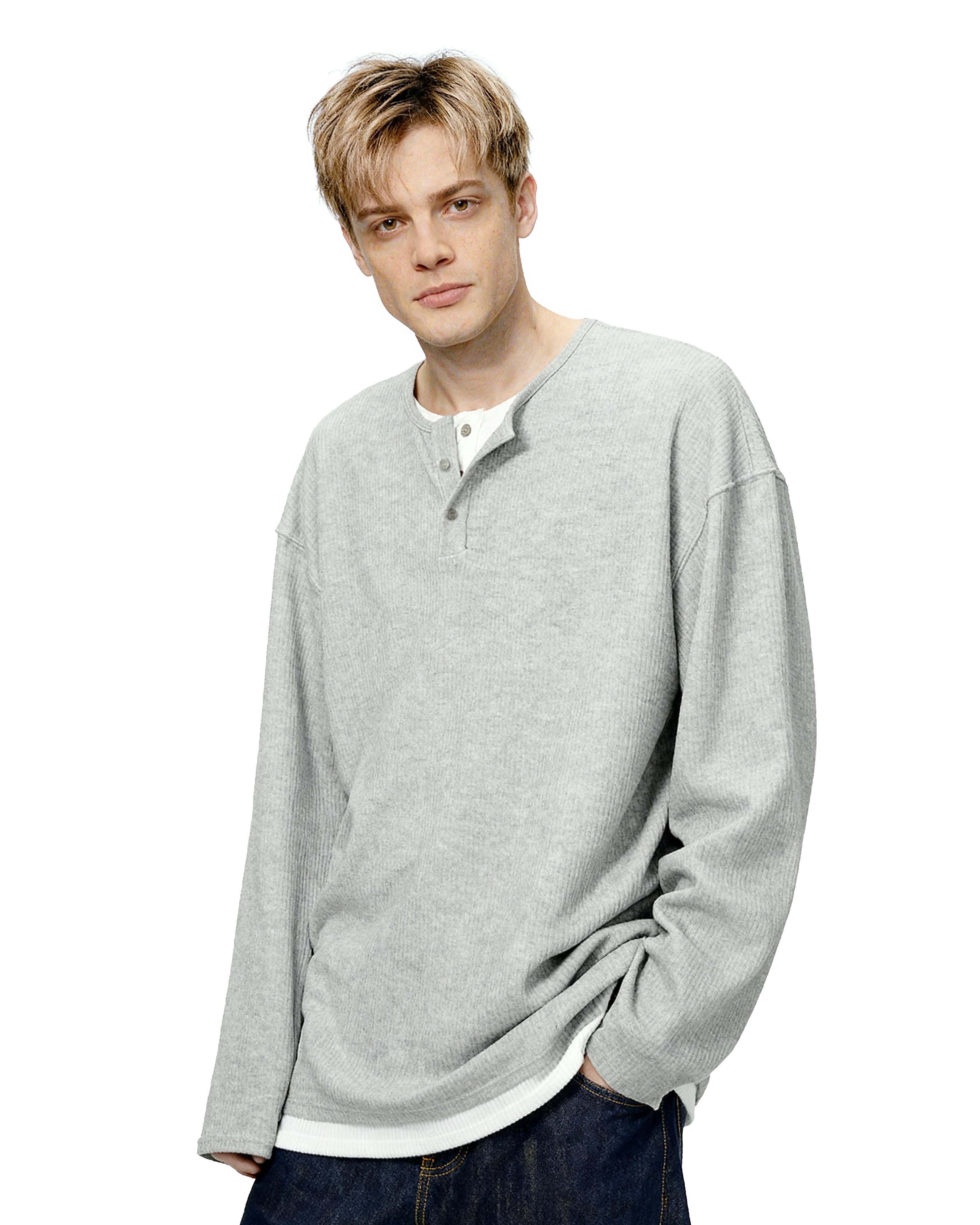 Oversized Mock-Layered Ribbed Knit Henley Top