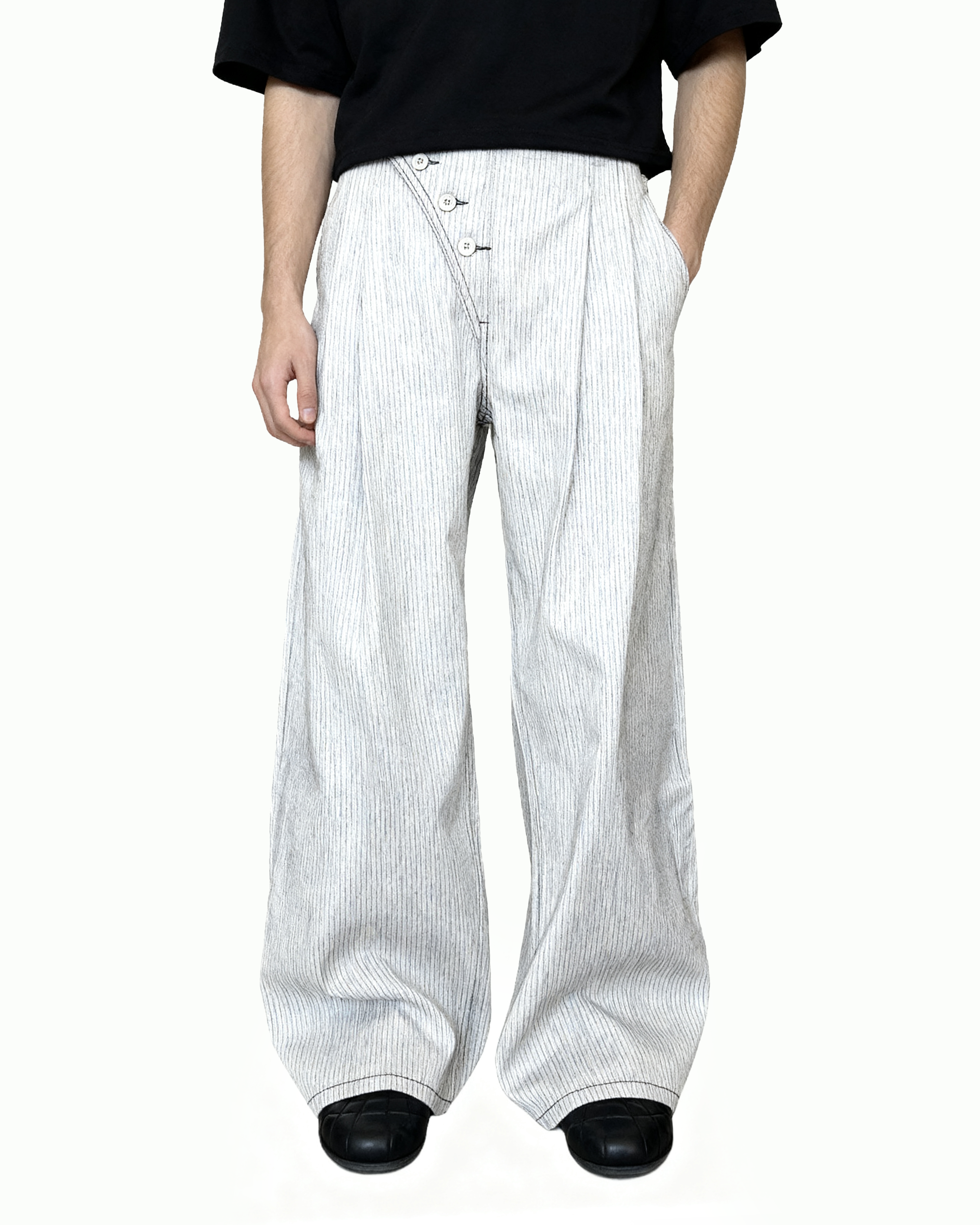 Pinstripe Pleated Wide Leg Asymmetric-Button Denim Jeans