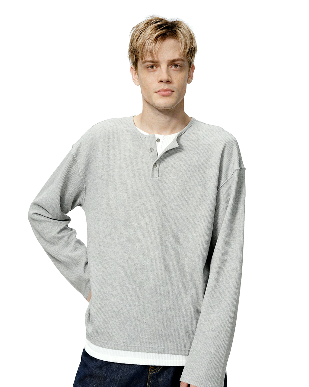 Oversized Mock-Layered Ribbed Knit Henley Top
