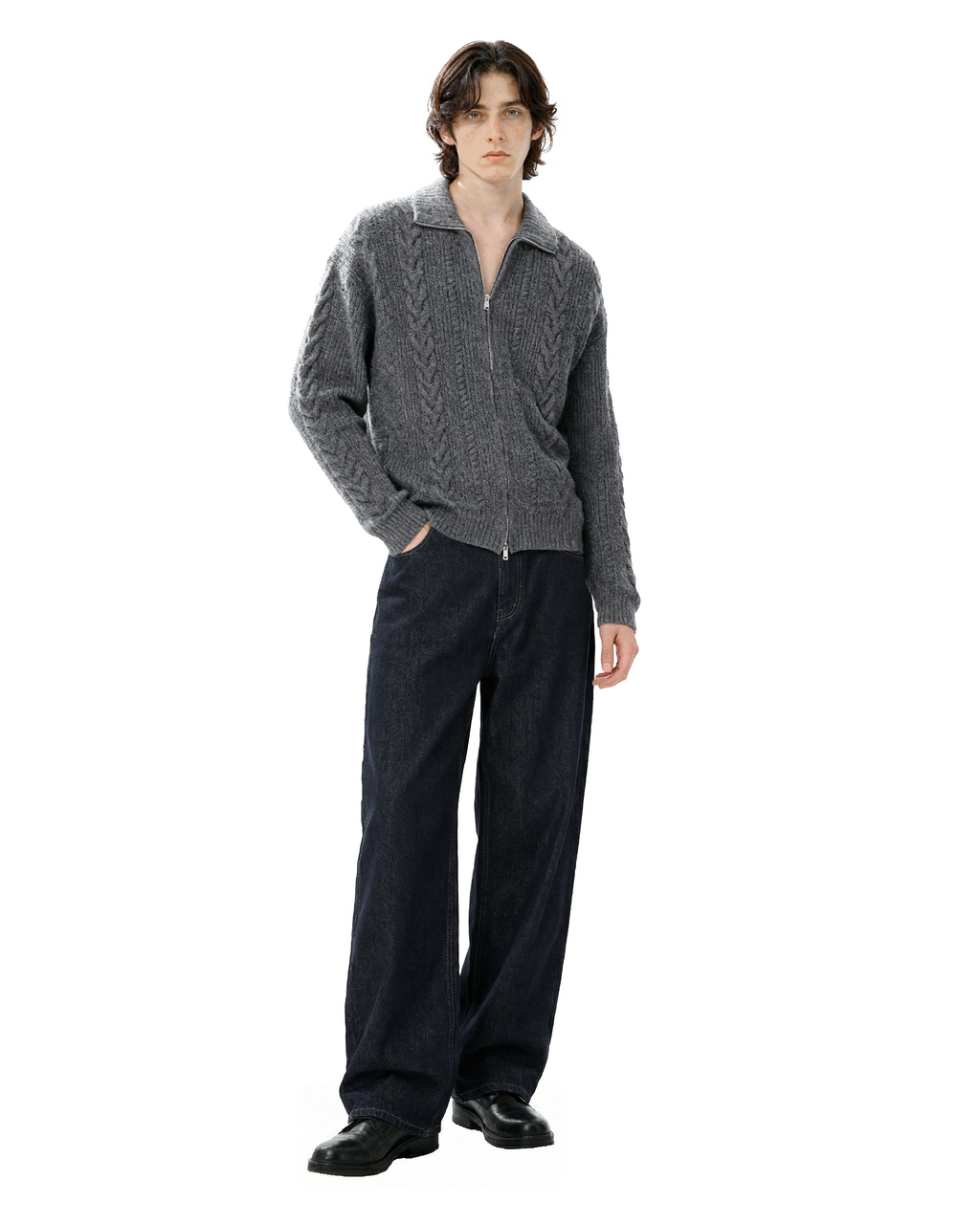 Cable-Knit Zip Ribbed Trim Cardigan