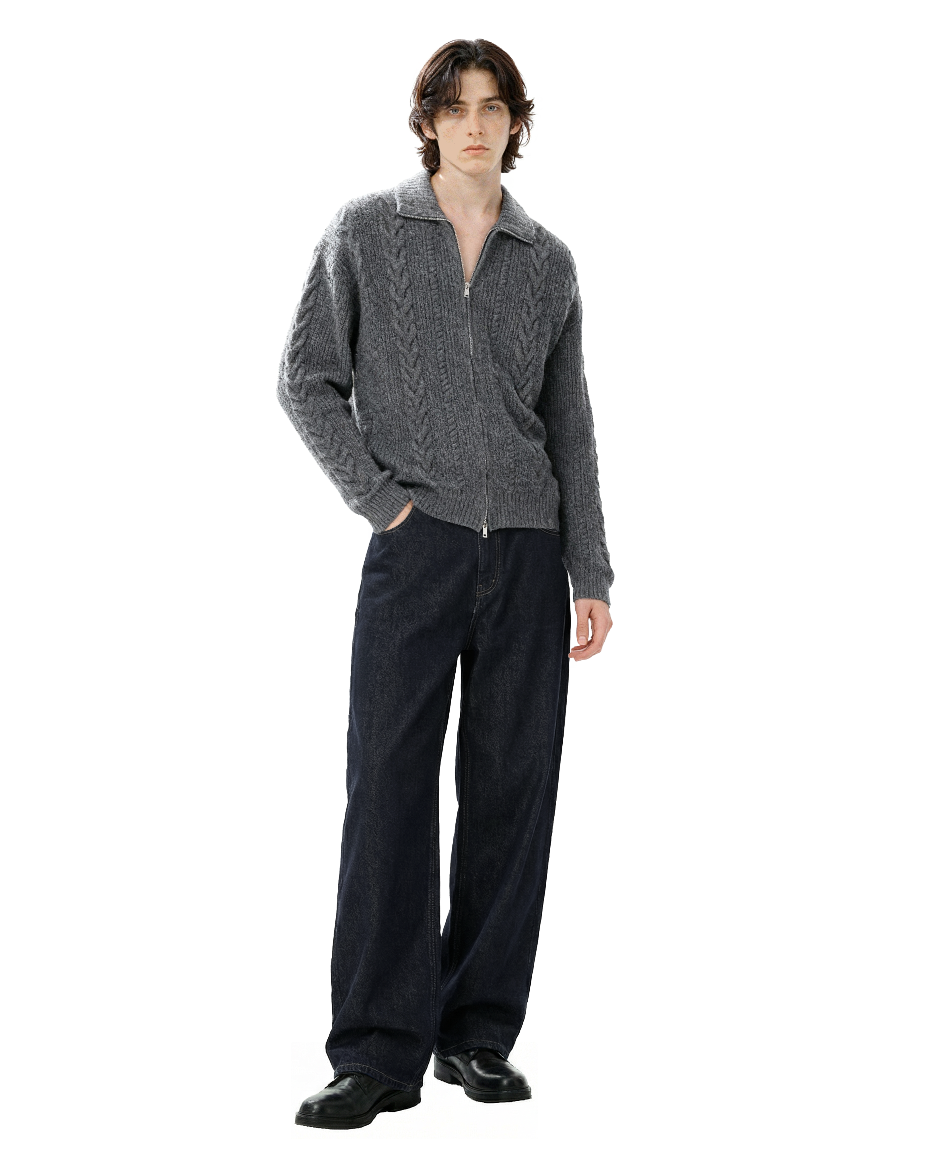 Cable-Knit Zip Ribbed Trim Cardigan