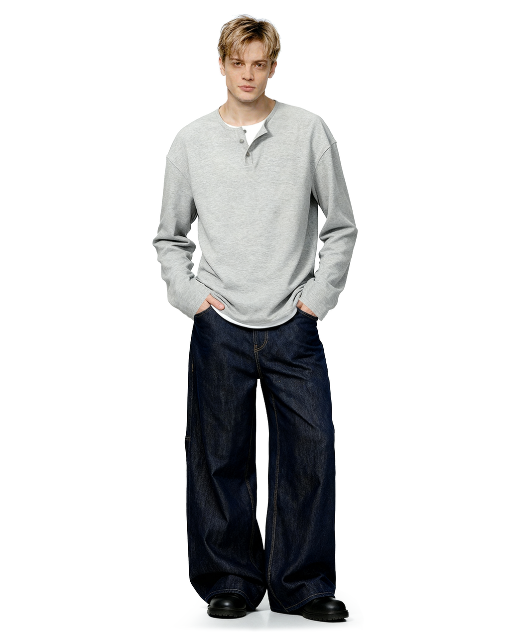 Oversized Mock-Layered Ribbed Knit Henley Top