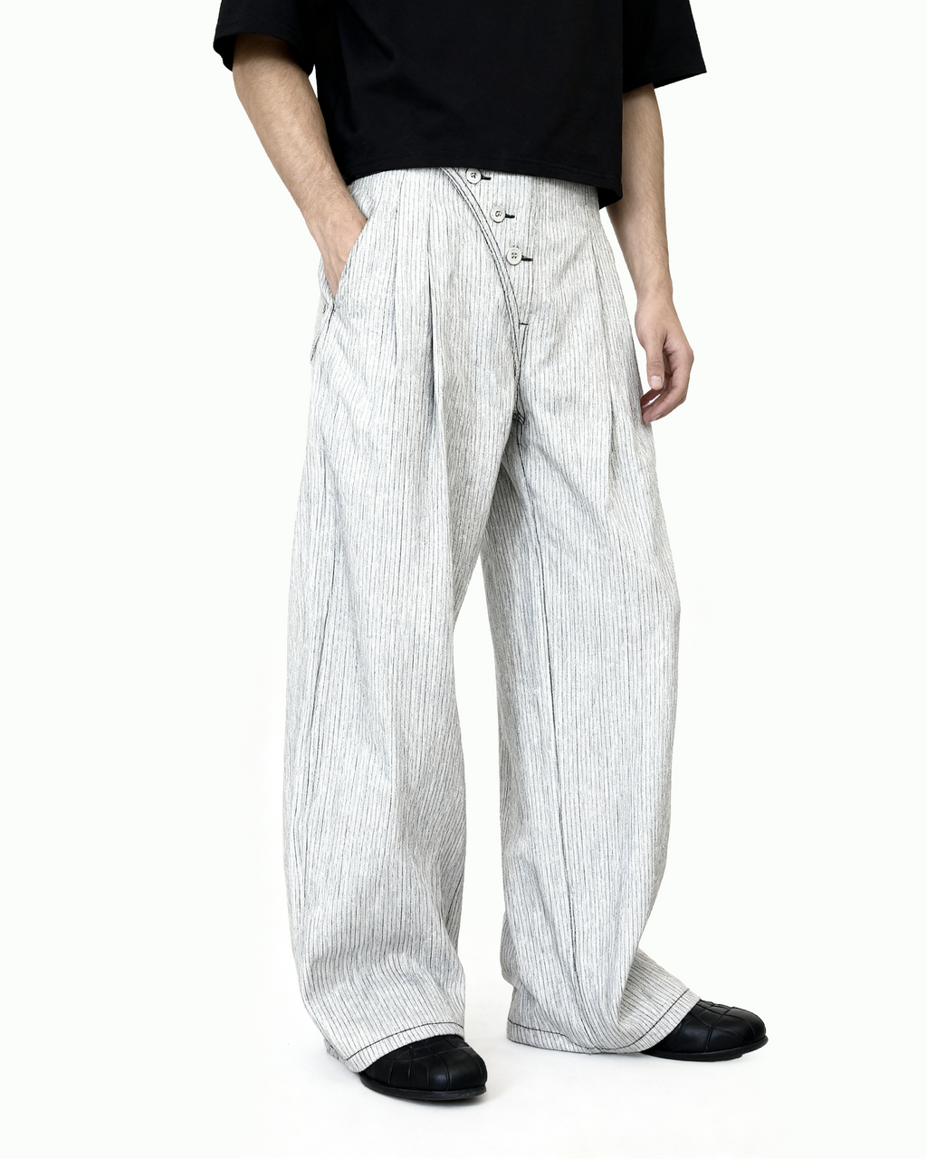 Pinstripe Pleated Wide Leg Asymmetric-Button Denim Jeans