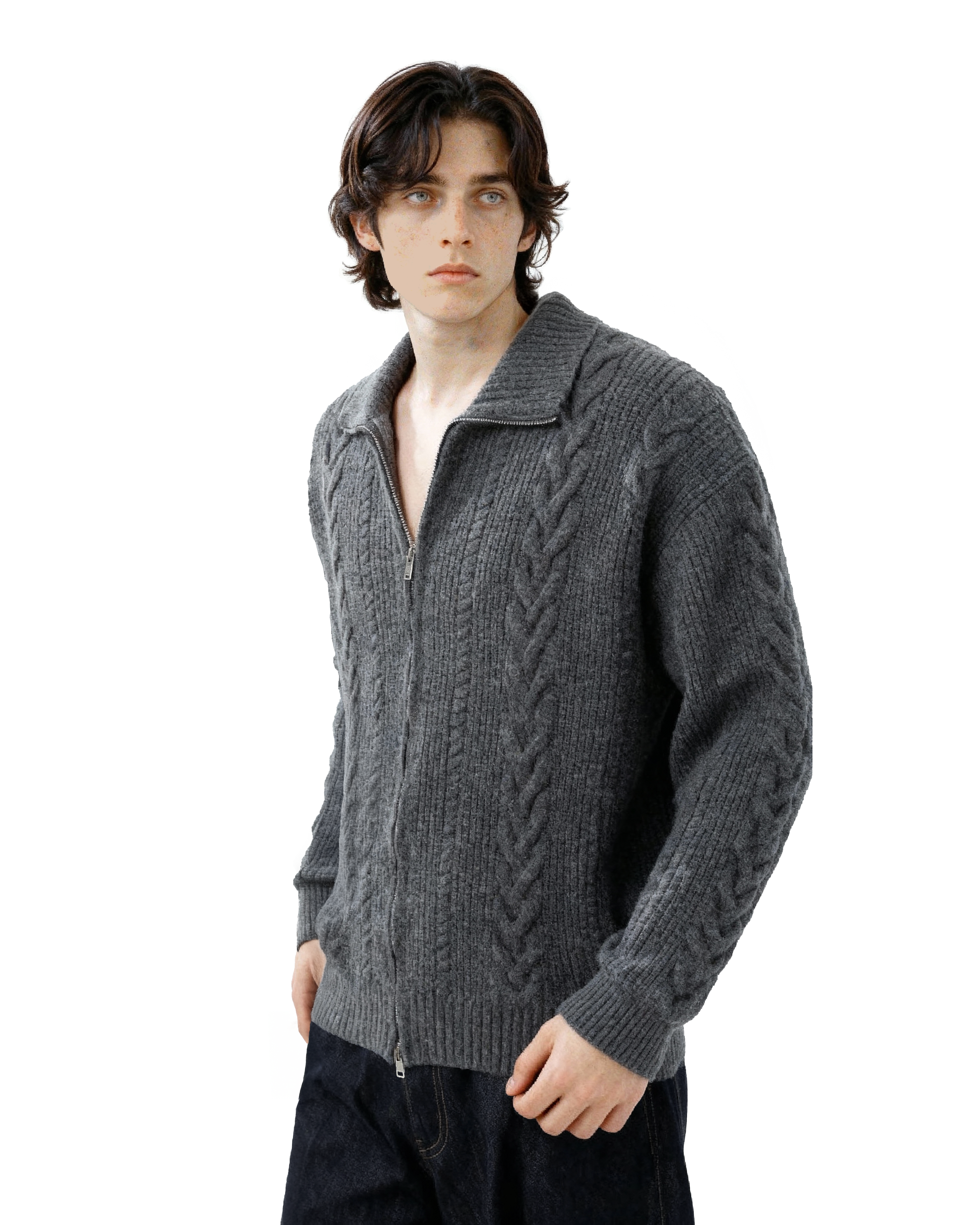Cable-Knit Zip Ribbed Trim Cardigan
