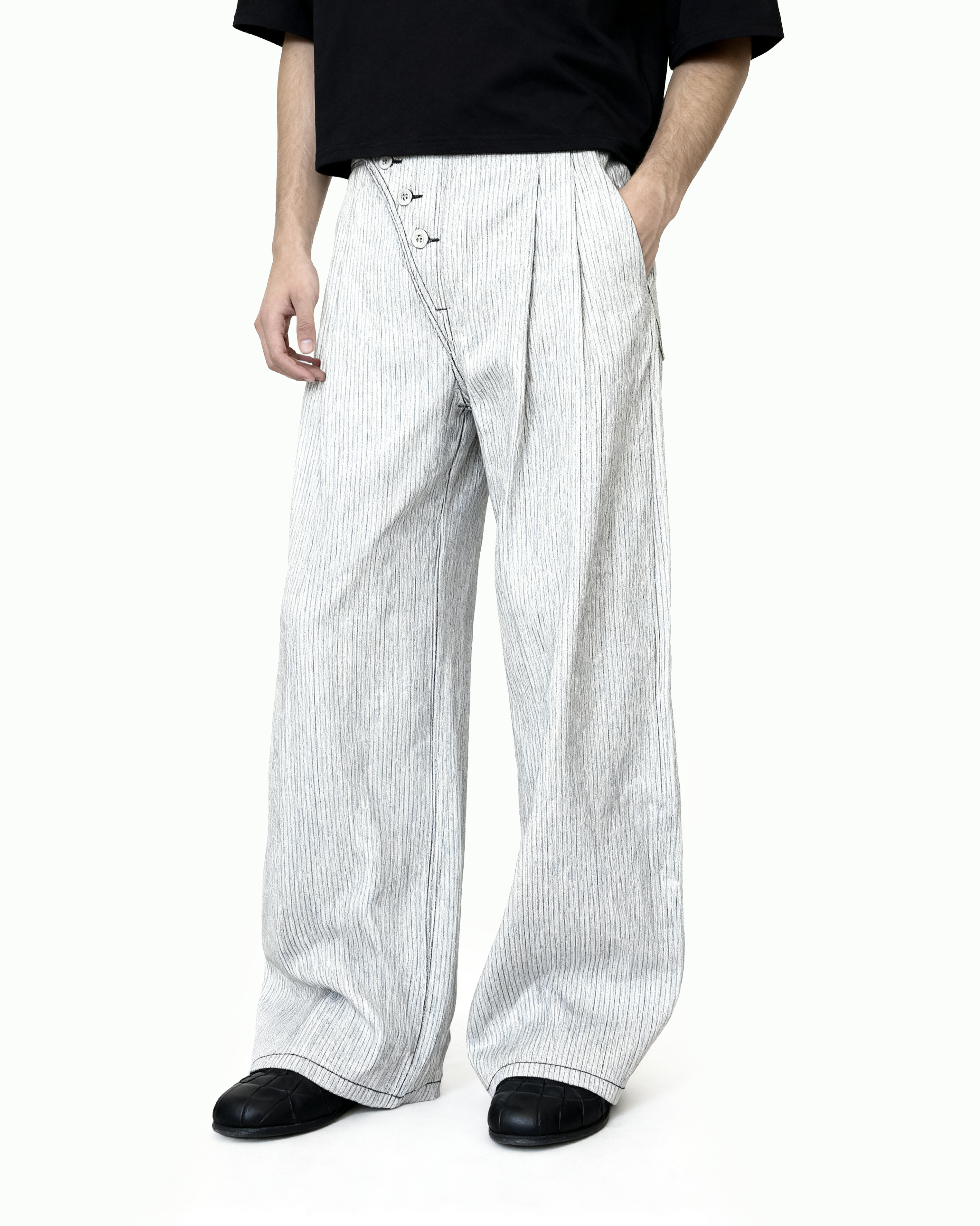 Pinstripe Pleated Wide Leg Asymmetric-Button Denim Jeans