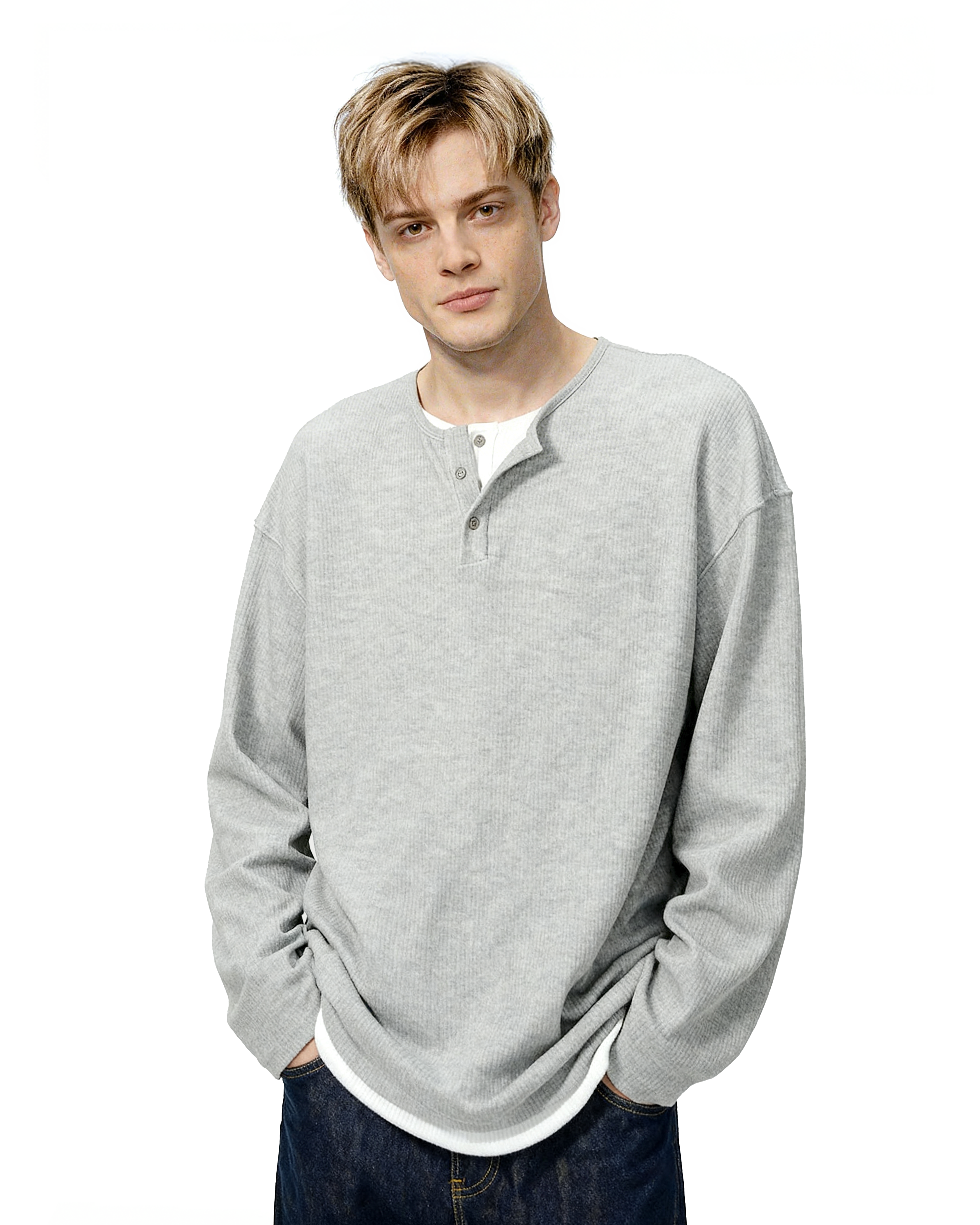 Oversized Mock-Layered Ribbed Knit Henley Top