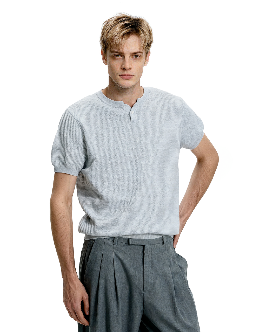 Waffle Textured Short Sleeve Henley Knit Lightweight Top