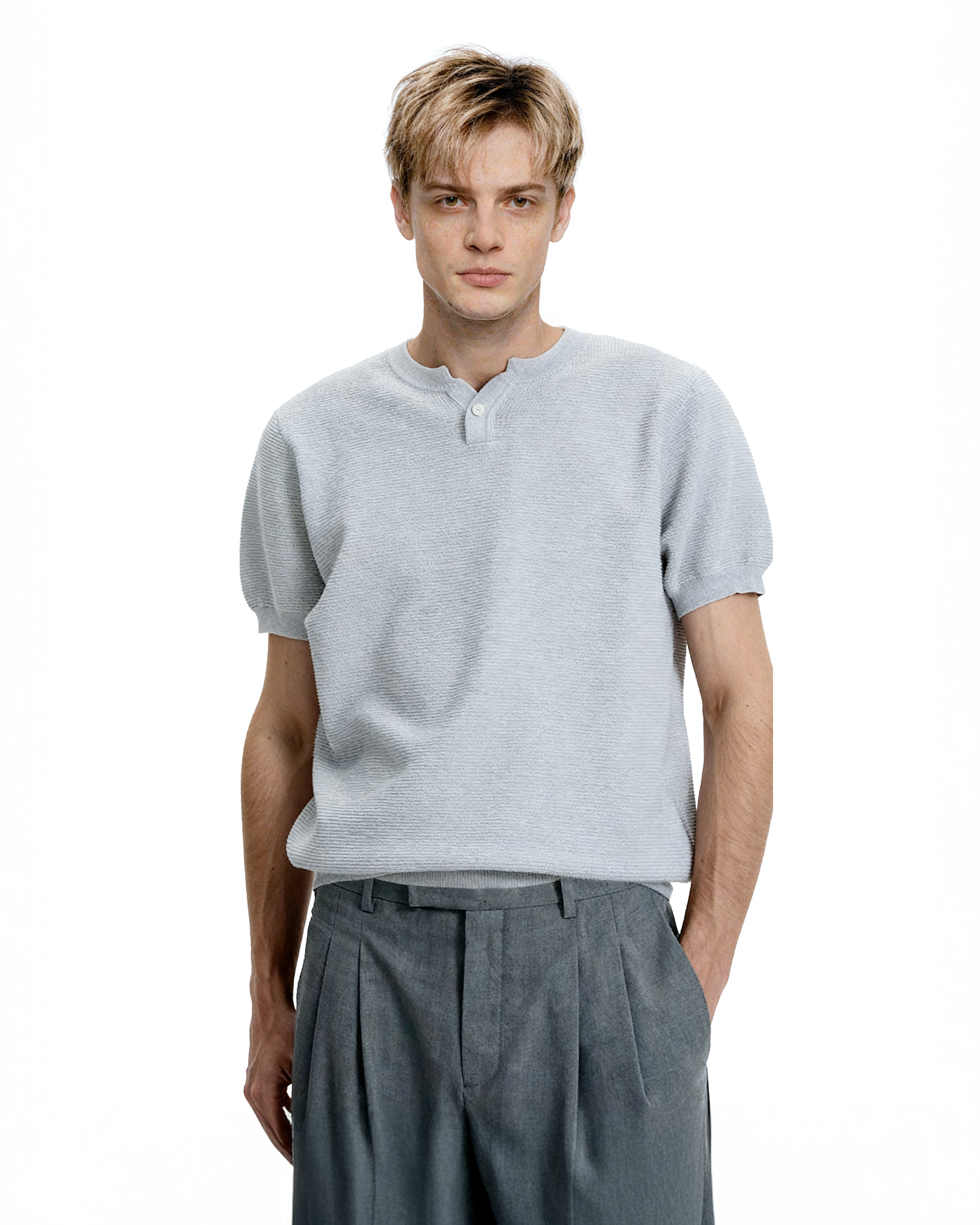 Waffle Textured Short Sleeve Henley Knit Lightweight Top