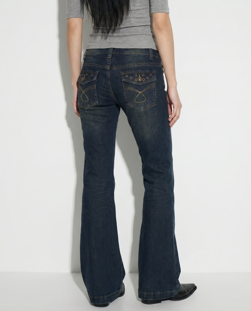 Low Rise Flare Jeans with Eyelet Detail