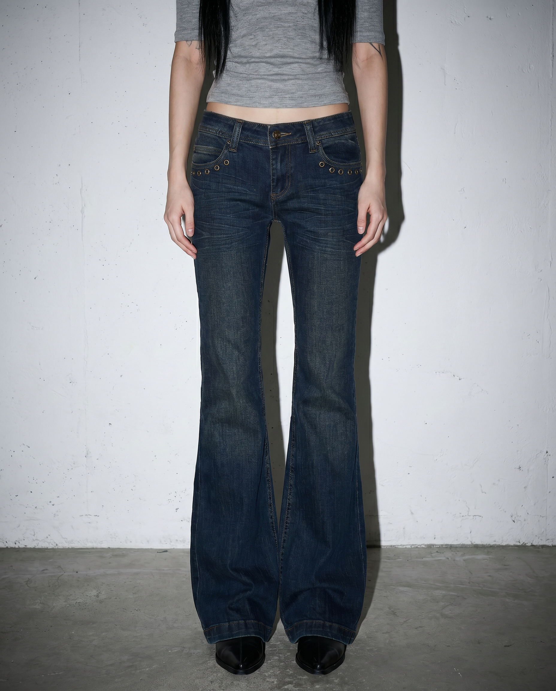 Low Rise Flare Jeans with Eyelet Detail