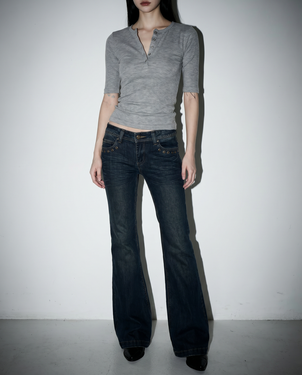 Low Rise Flare Jeans with Eyelet Detail