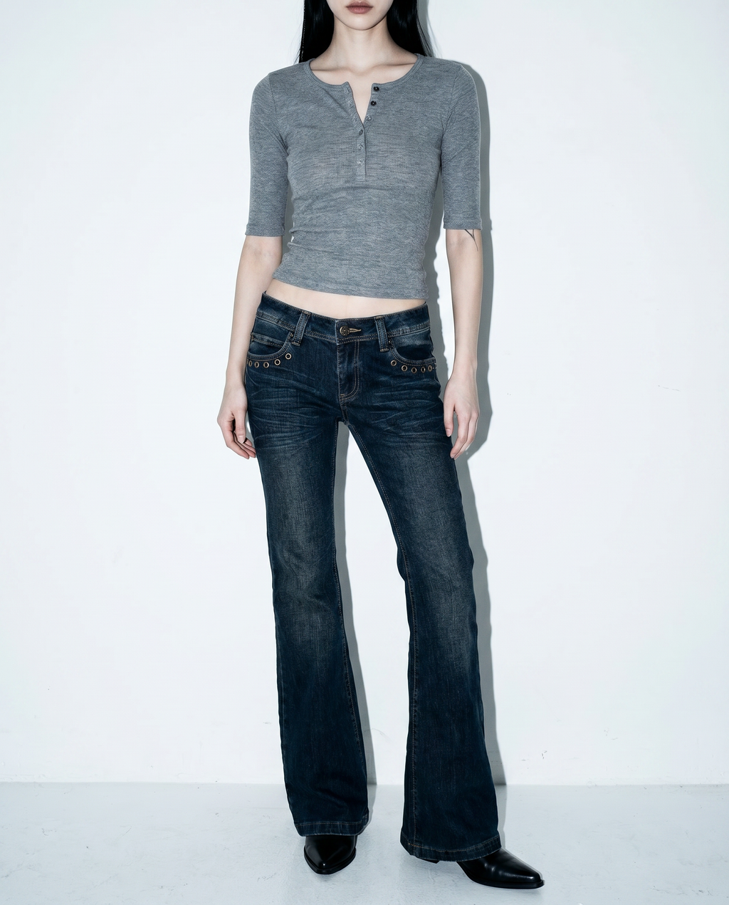 Low Rise Flare Jeans with Eyelet Detail