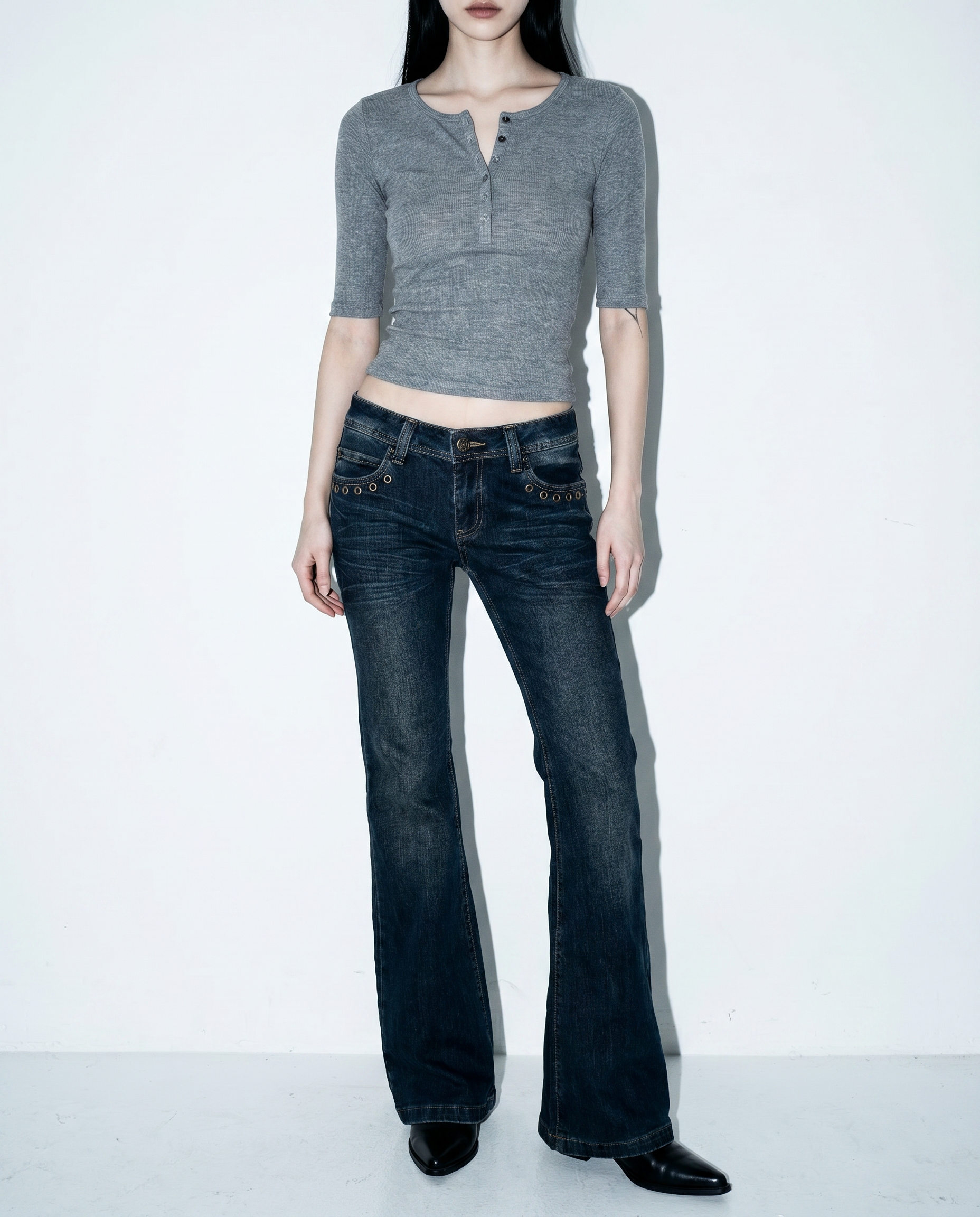 Low Rise Flare Jeans with Eyelet Detail