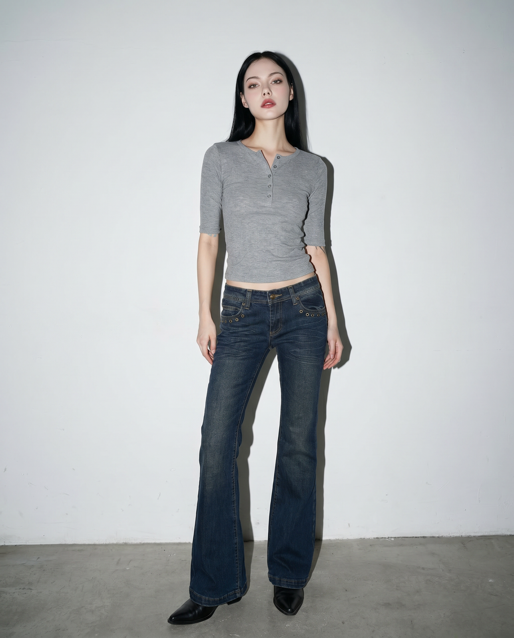 Low Rise Flare Jeans with Eyelet Detail