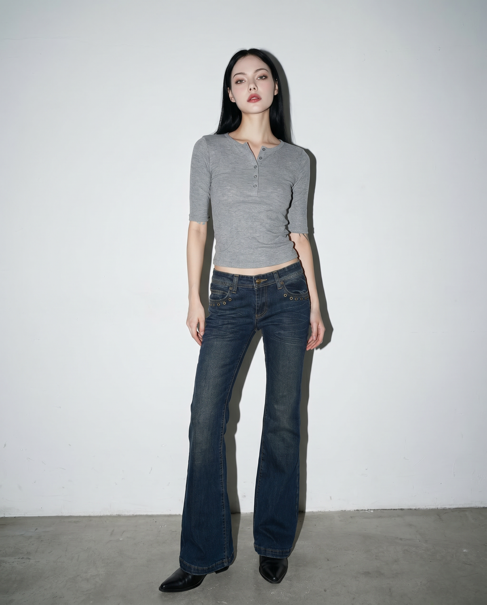 Low Rise Flare Jeans with Eyelet Detail
