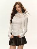 Sheer Lace Lace Plaid Knit Top with Neck Tie