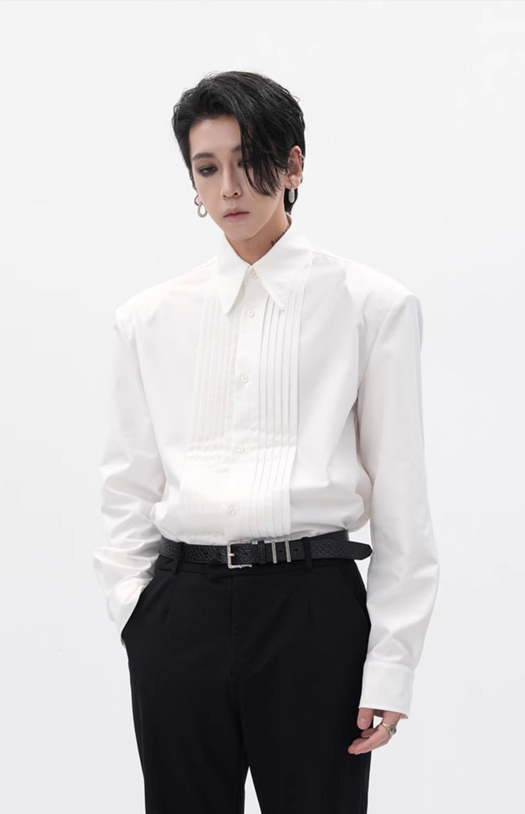 Boxy Pleated Front Pointed Collar Tuxedo Shirt
