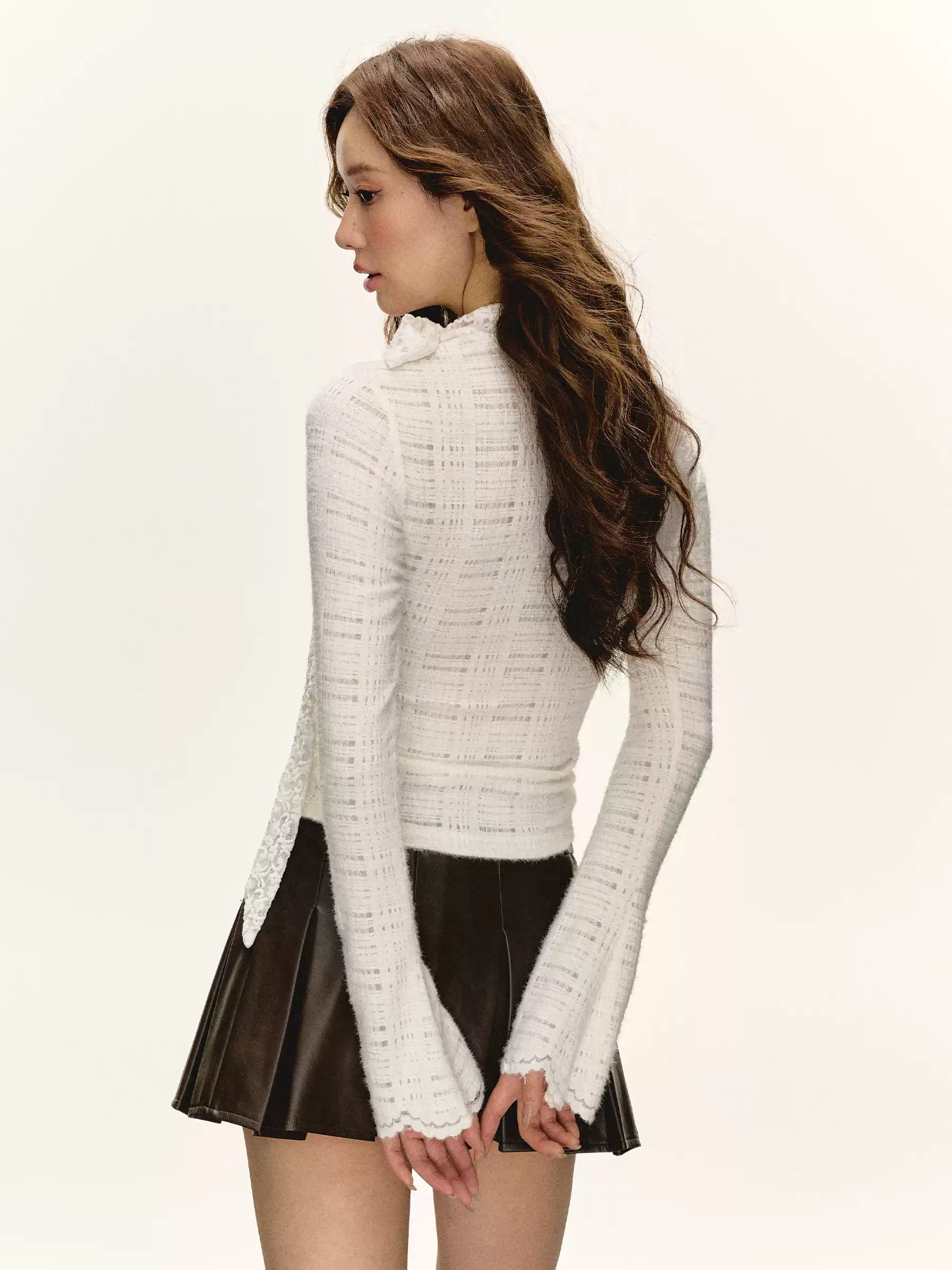 Sheer Lace Lace Plaid Knit Top with Neck Tie
